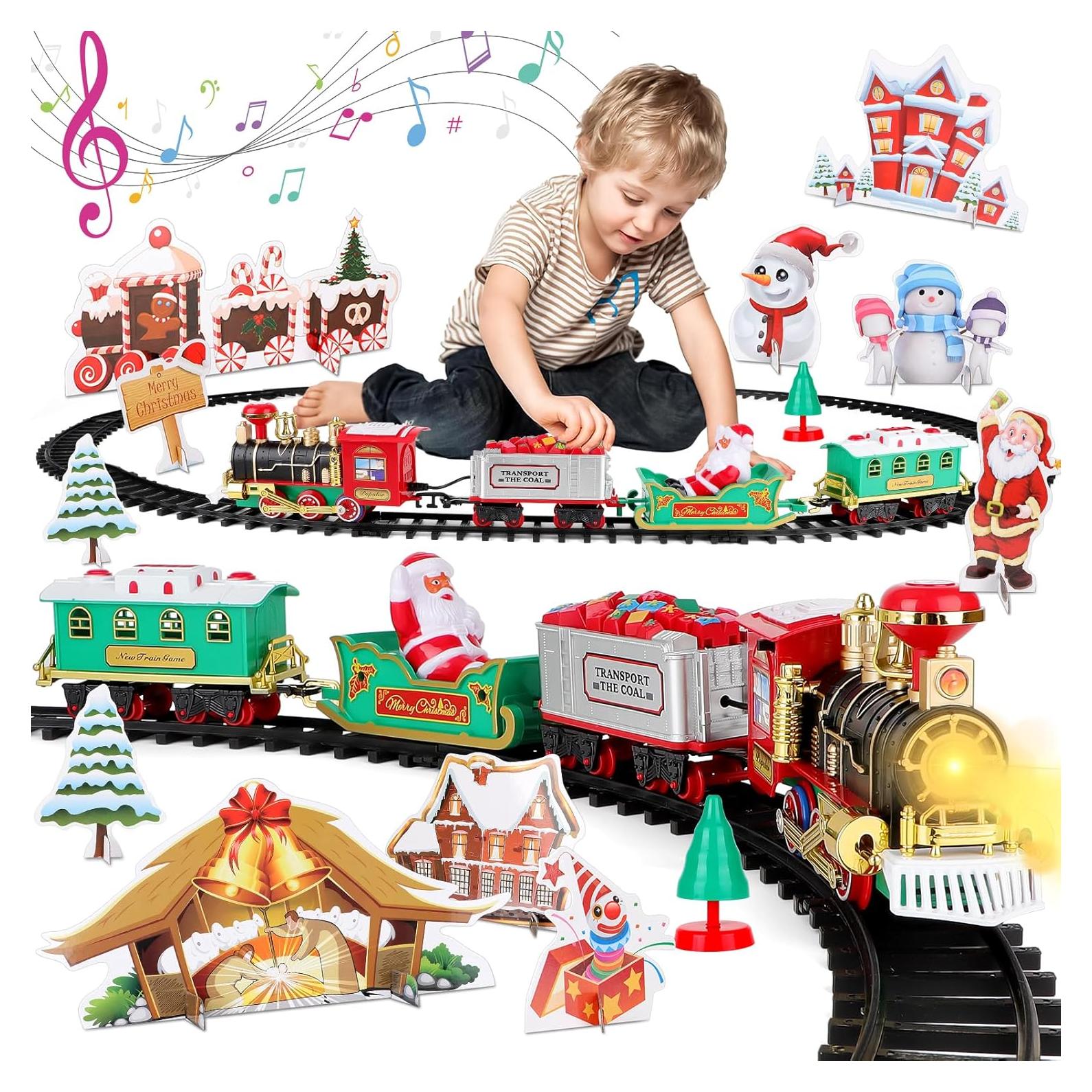 deAO Christmas Classic Train Set for Kids with Headlight, Realistic Sounds, 4 Cars Carriage and10 Tracks,Gift for Christmas Décor Under The Christmas Tree