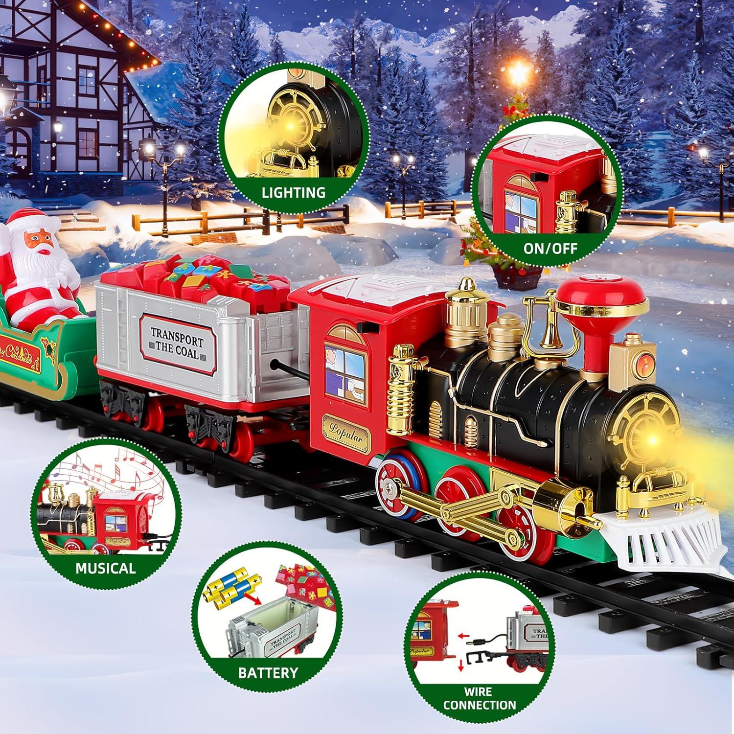 deAO Christmas Classic Train Set for Kids with Headlight, Realistic Sounds, 4 Cars Carriage and10 Tracks,Gift for Christmas Décor Under The Christmas Tree