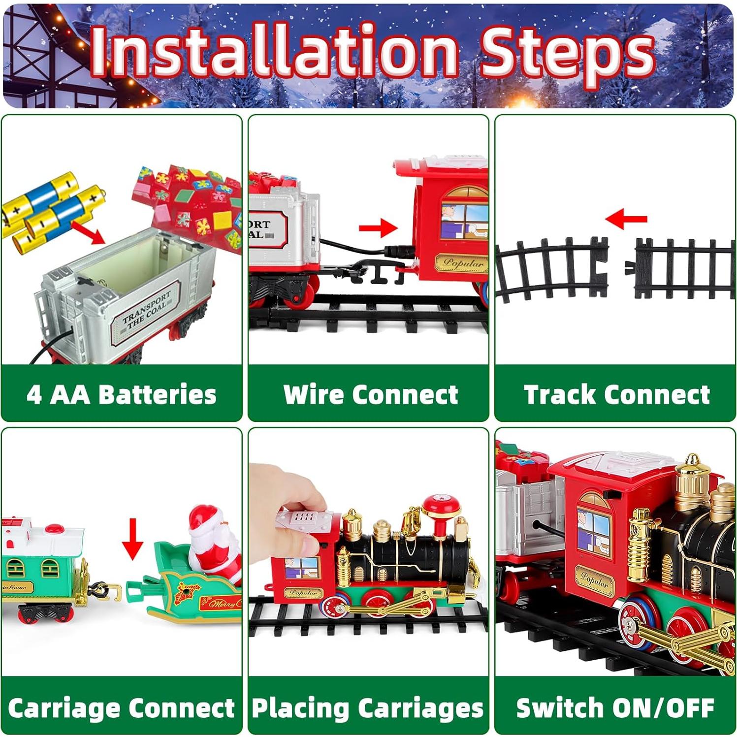 deAO Christmas Classic Train Set for Kids with Headlight, Realistic Sounds, 4 Cars Carriage and10 Tracks,Gift for Christmas Décor Under The Christmas Tree