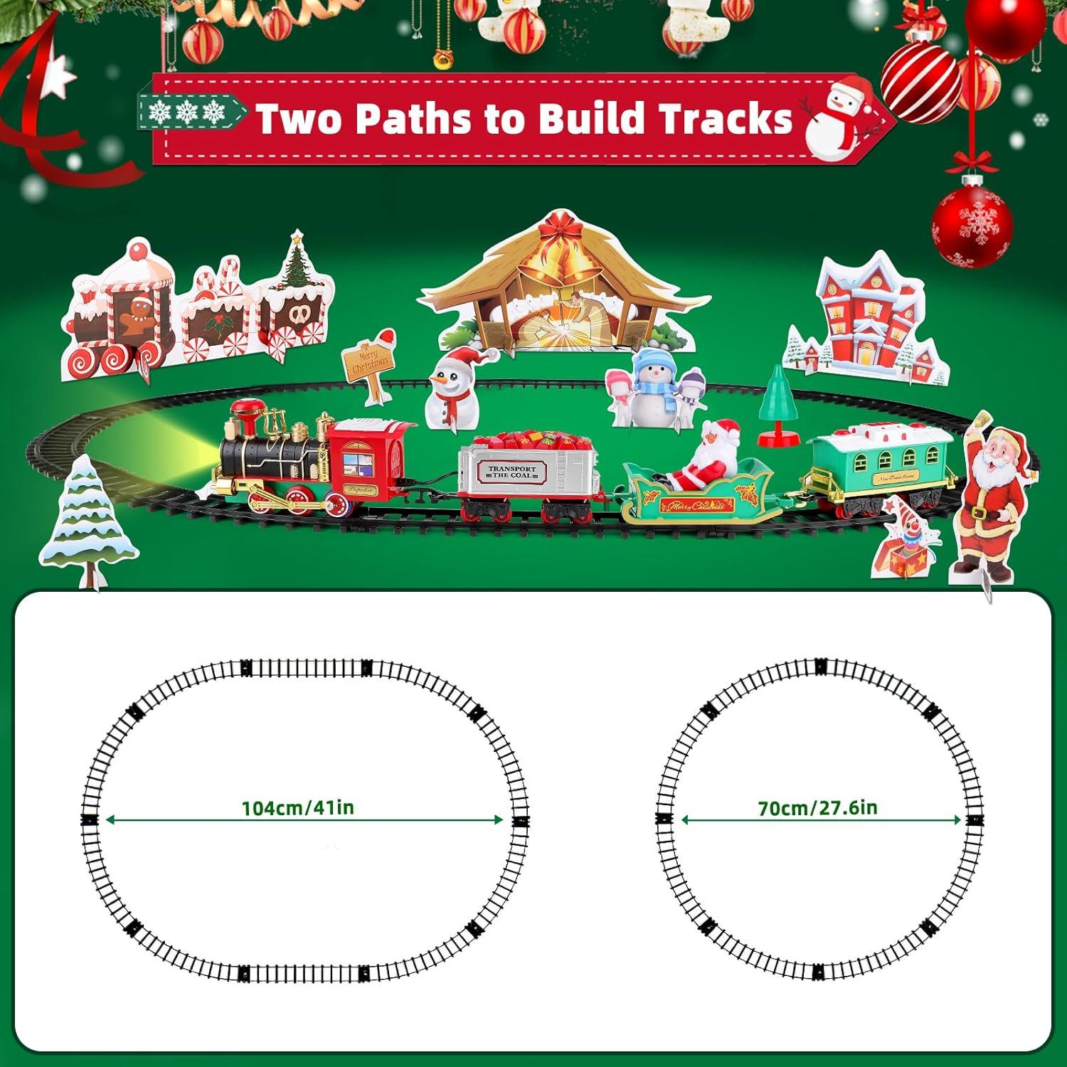 deAO Christmas Classic Train Set for Kids with Headlight, Realistic Sounds, 4 Cars Carriage and10 Tracks,Gift for Christmas Décor Under The Christmas Tree
