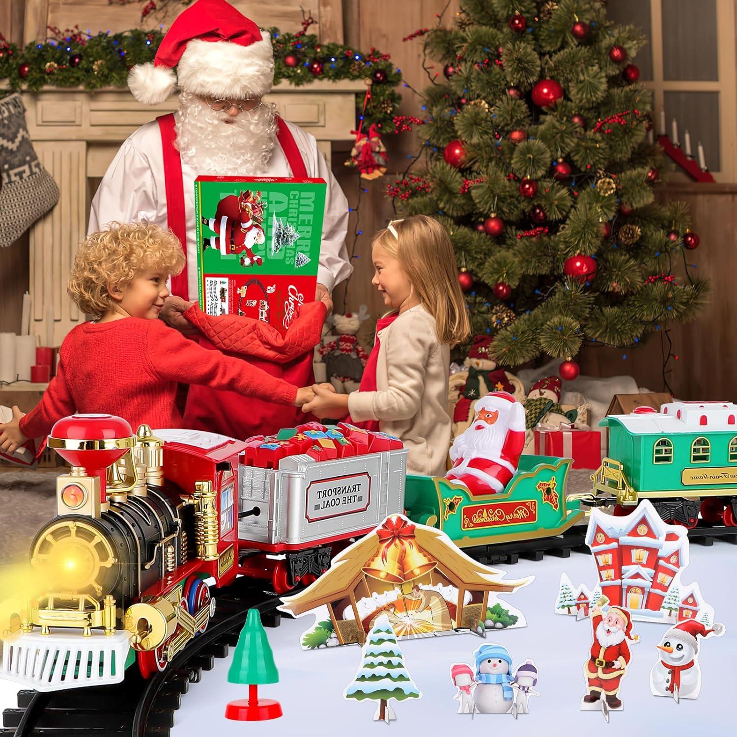 deAO Christmas Classic Train Set for Kids with Headlight, Realistic Sounds, 4 Cars Carriage and10 Tracks,Gift for Christmas Décor Under The Christmas Tree