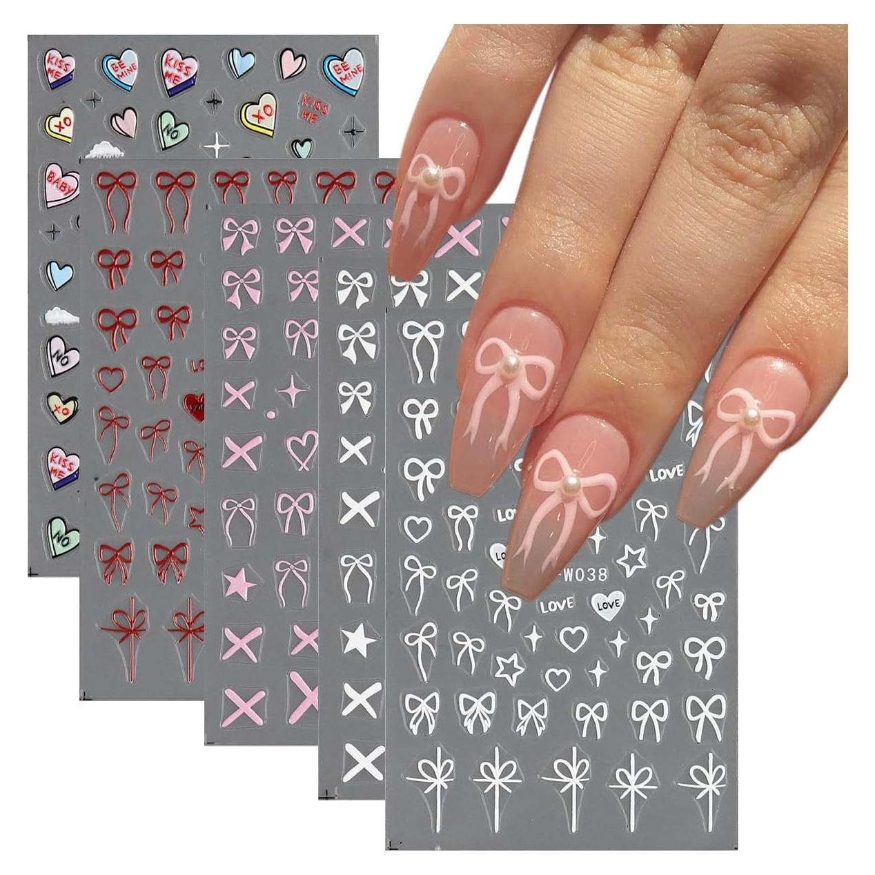 Pegatinas de Uñas 5D Fcozpjk Lazos Rosa y Blanco - 5 Hojas