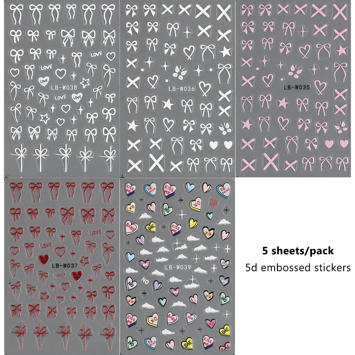 Pegatinas de Uñas 5D Fcozpjk Lazos Rosa y Blanco - 5 Hojas