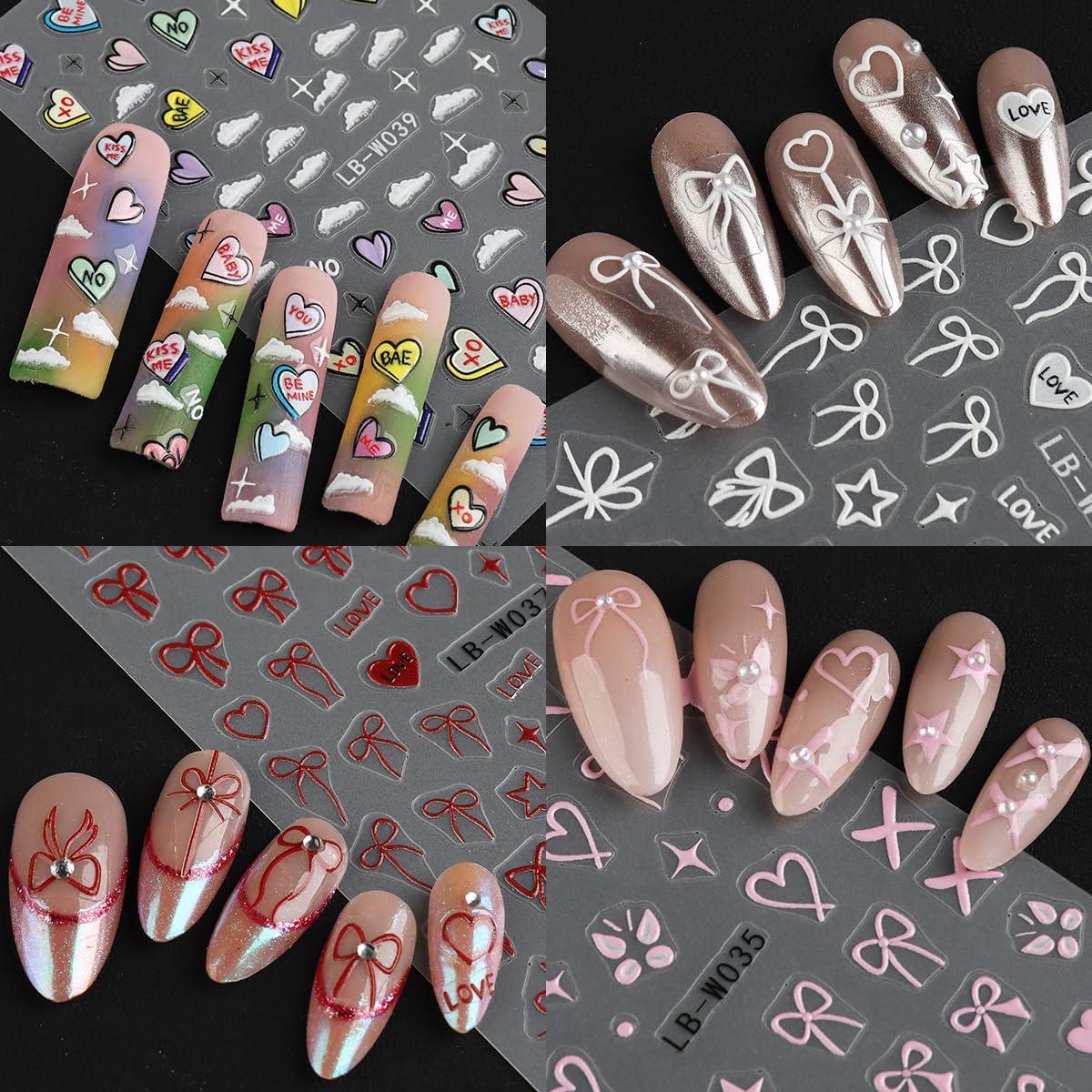 Pegatinas de Uñas 5D Fcozpjk Lazos Rosa y Blanco - 5 Hojas