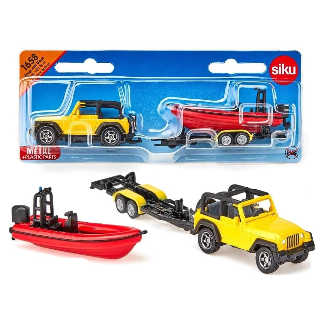 Siku 1658 Jeep con Barco Flotante Amarillo/Rojo