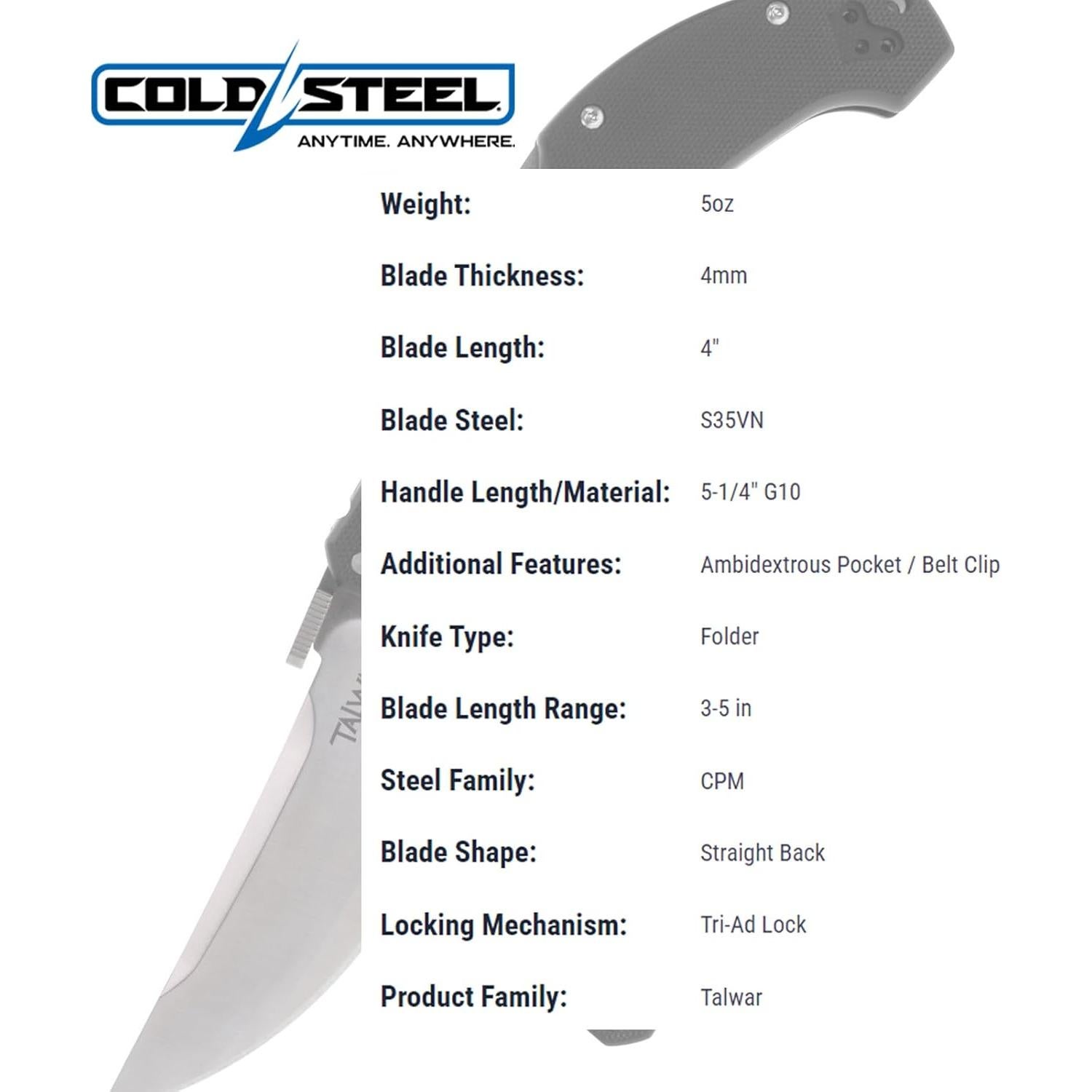 Cuchillo Plegable Táctico Cold Steel Talwar 10.16 cm S35VN G10