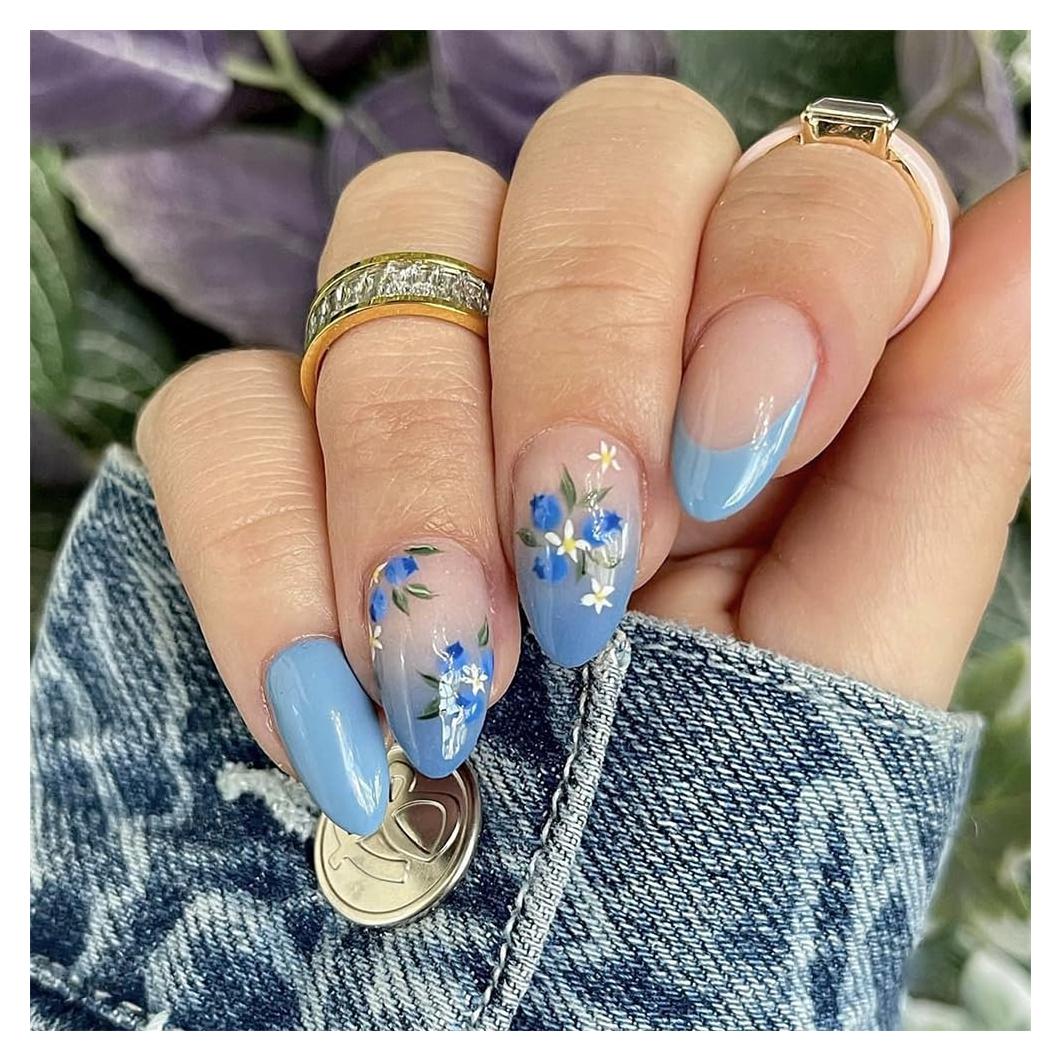 Kit de Uñas Postizas Adhesivas Hrnsnails Flores Azules 24Pcs