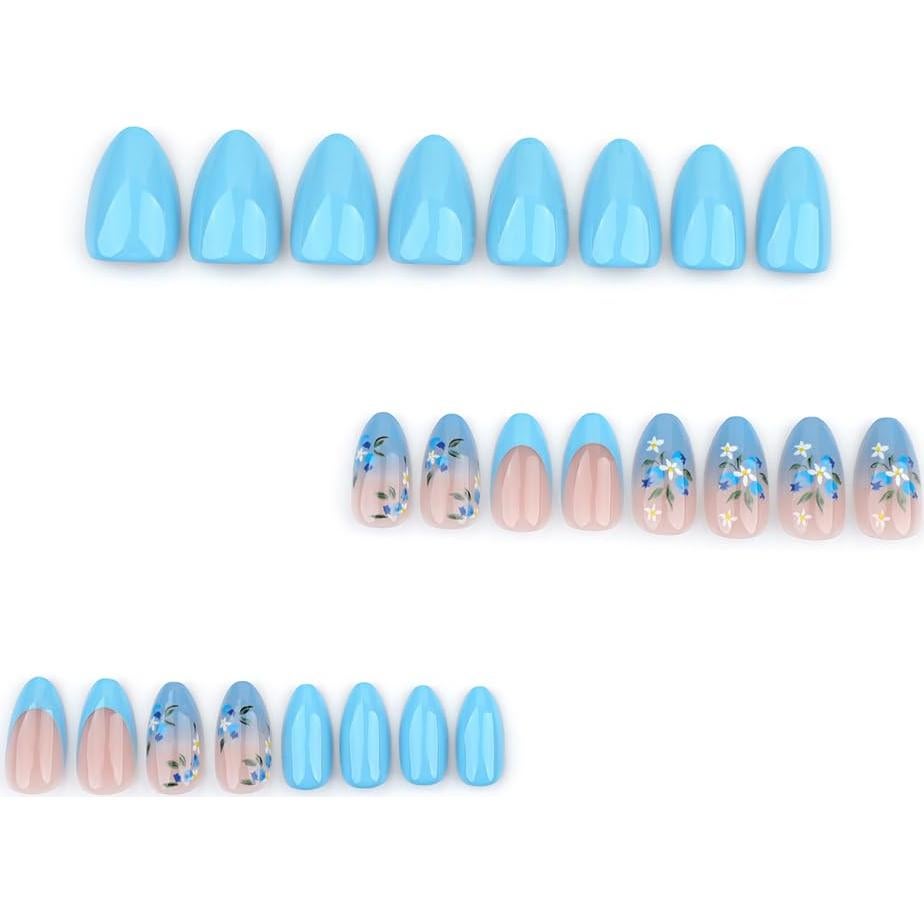 Kit de Uñas Postizas Adhesivas Hrnsnails Flores Azules 24Pcs