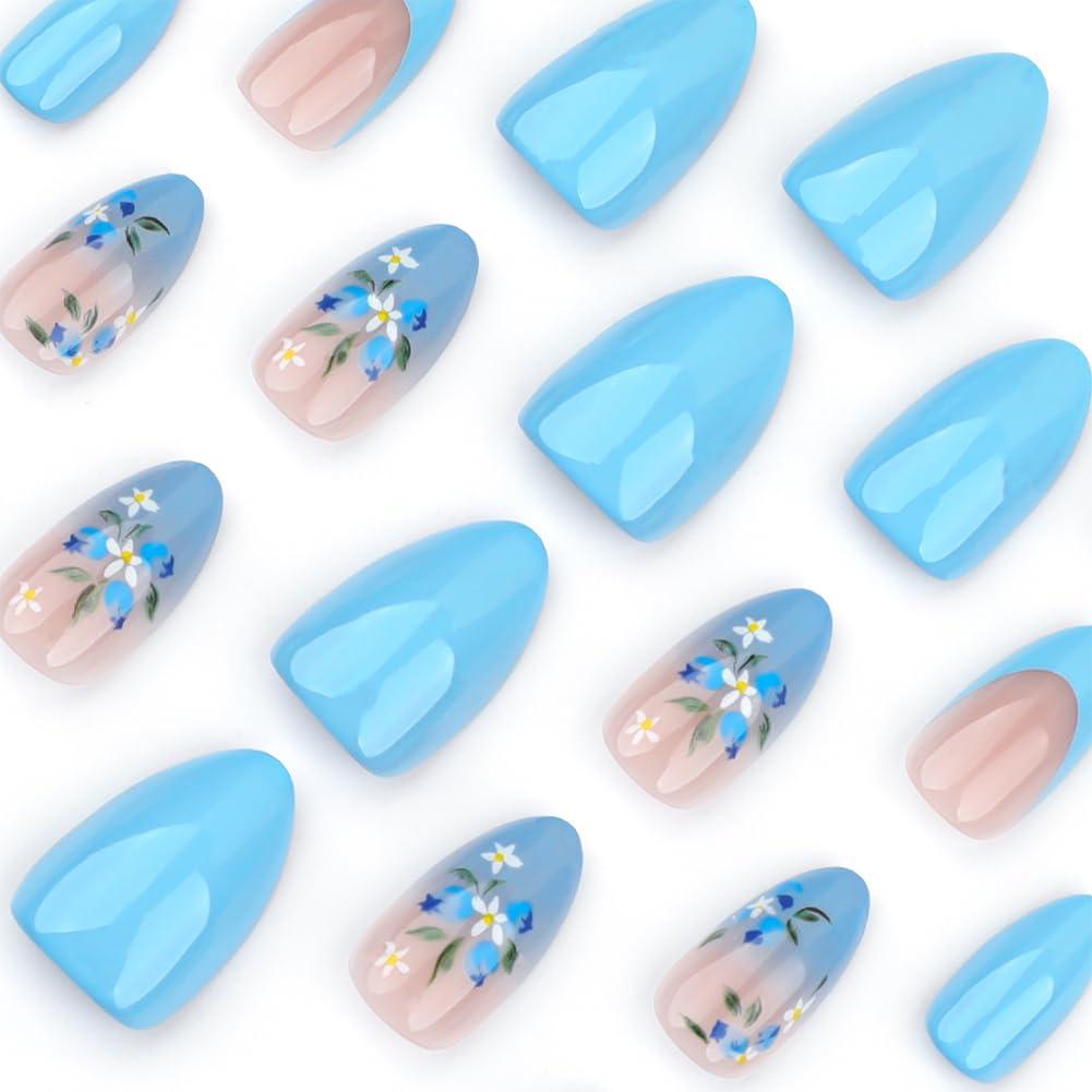 Kit de Uñas Postizas Adhesivas Hrnsnails Flores Azules 24Pcs