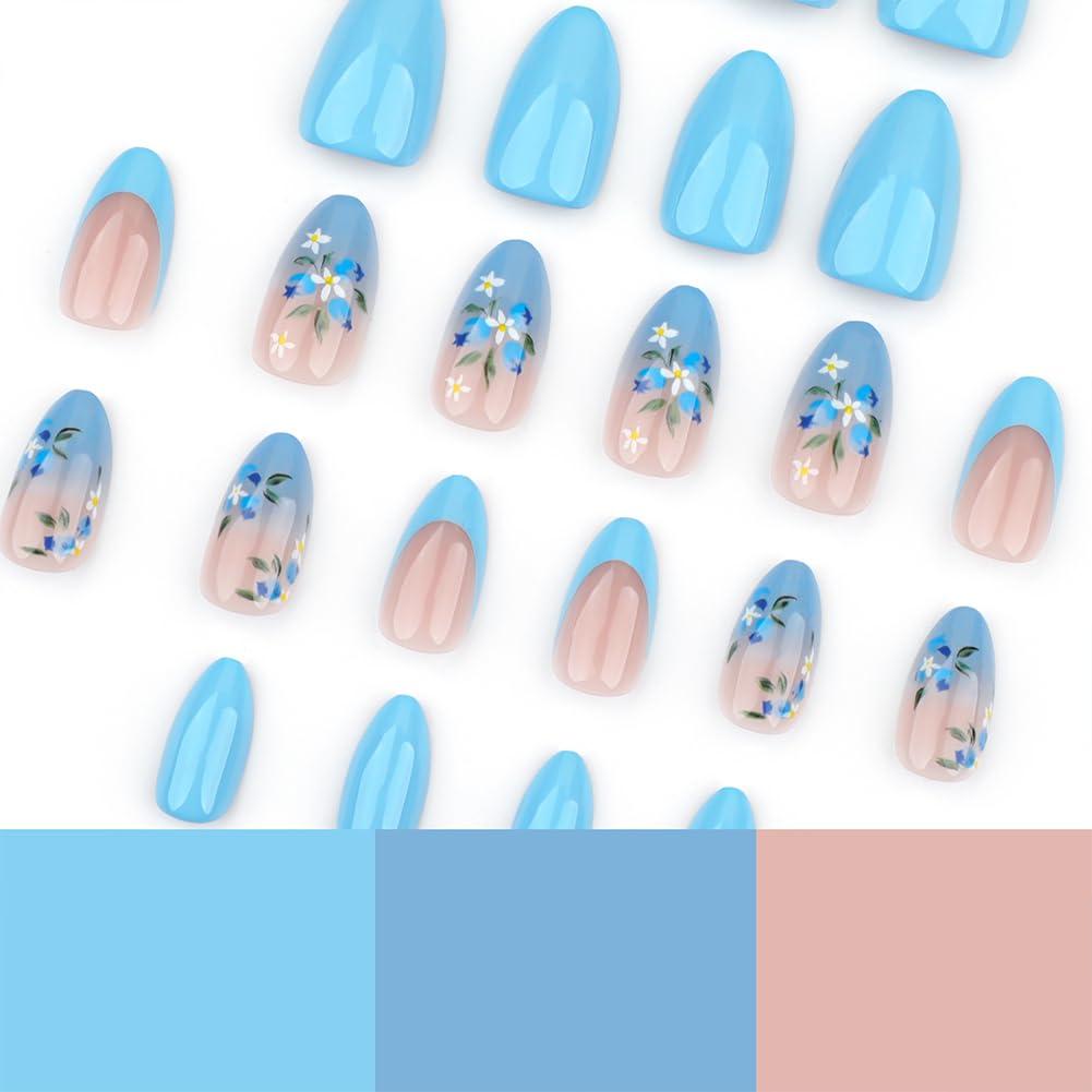 Kit de Uñas Postizas Adhesivas Hrnsnails Flores Azules 24Pcs
