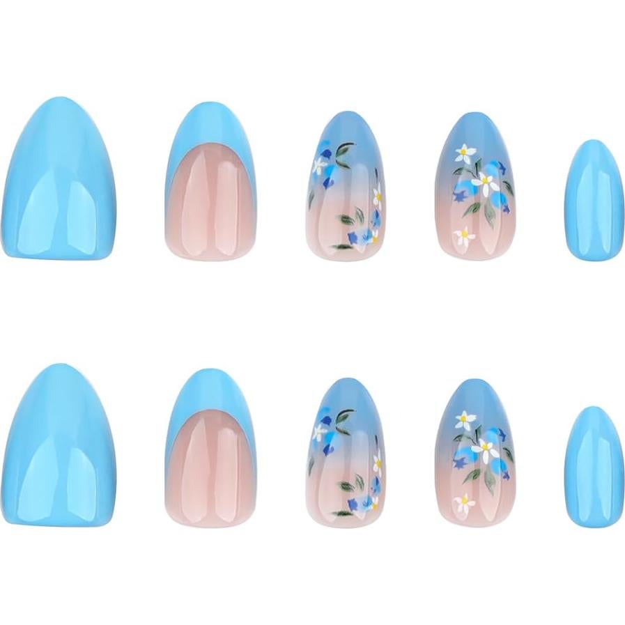 Kit de Uñas Postizas Adhesivas Hrnsnails Flores Azules 24Pcs