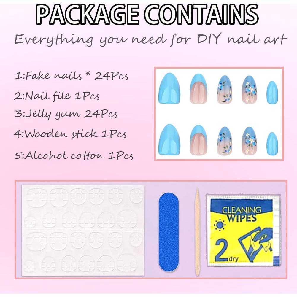 Kit de Uñas Postizas Adhesivas Hrnsnails Flores Azules 24Pcs
