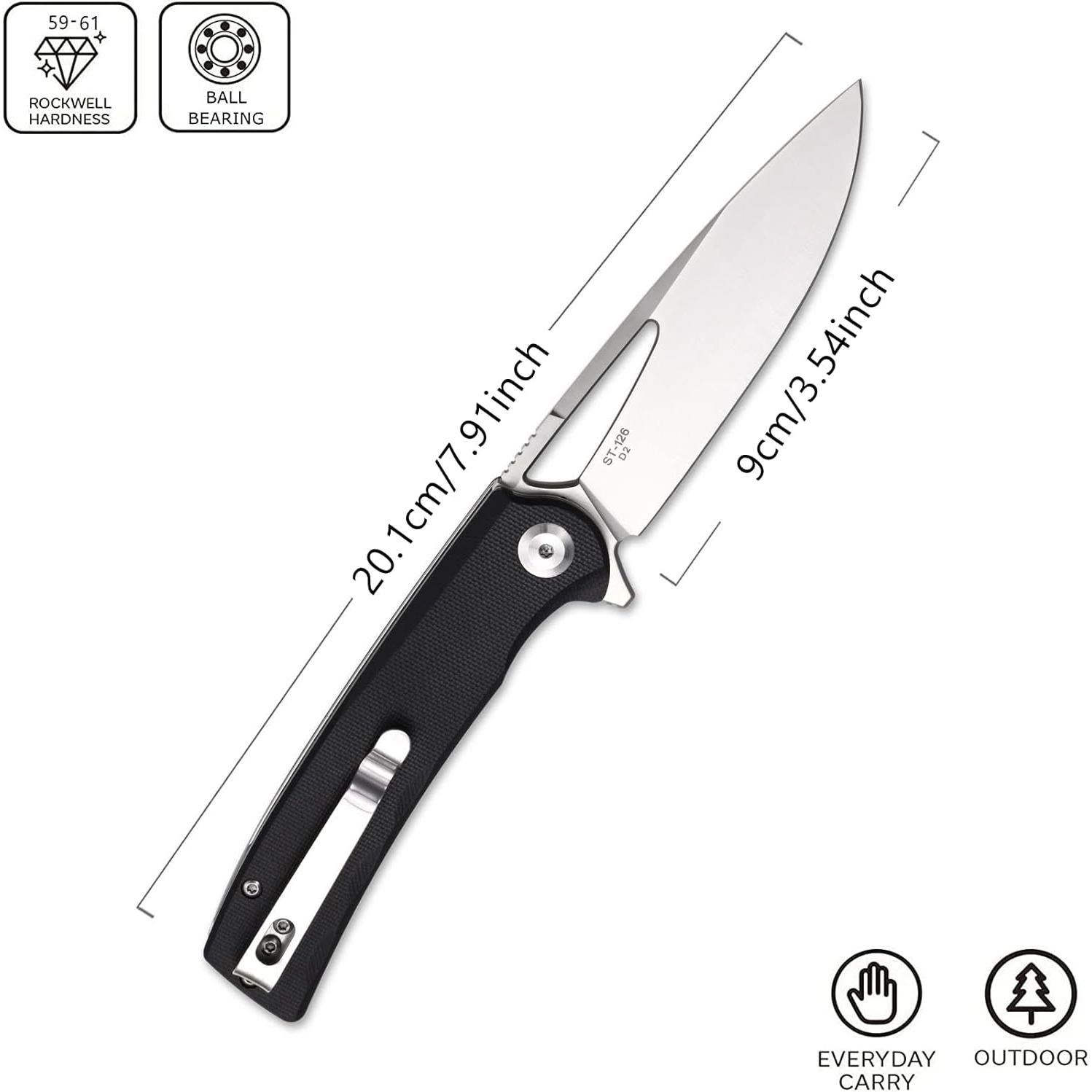 Cuchillo Plegable Sitivien ST126 Negro, Hoja D2 9 cm, Mango G10