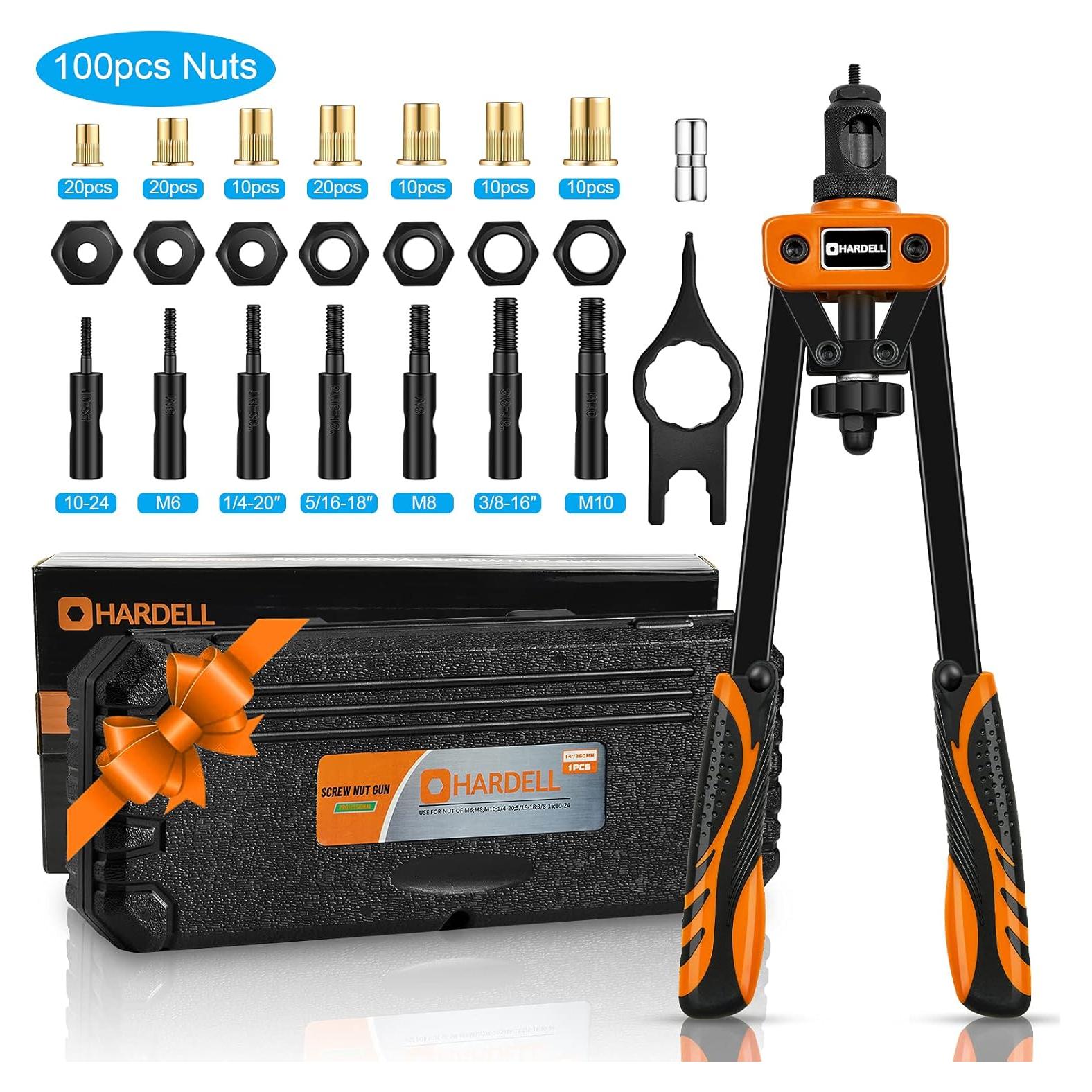 Herramienta de Tuerca Remachada HARDELL 14" con 100 Tuercas y 7 Mandriles