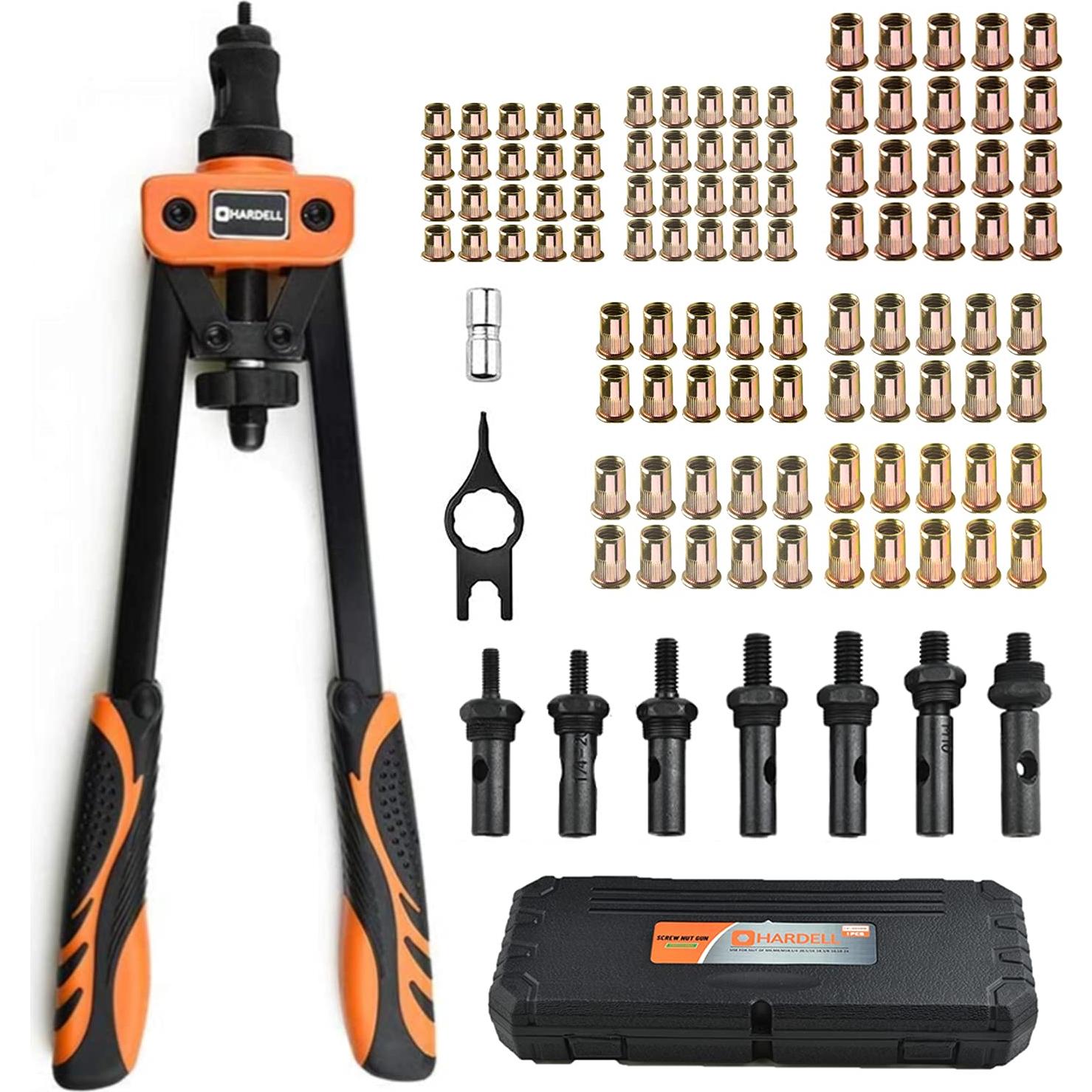 Herramienta de Tuerca Remachada HARDELL 14" con 100 Tuercas y 7 Mandriles