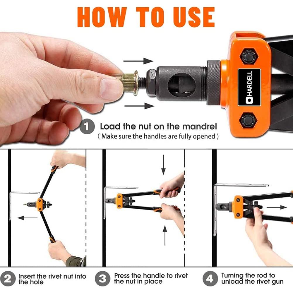 Herramienta de Tuerca Remachada HARDELL 14" con 100 Tuercas y 7 Mandriles