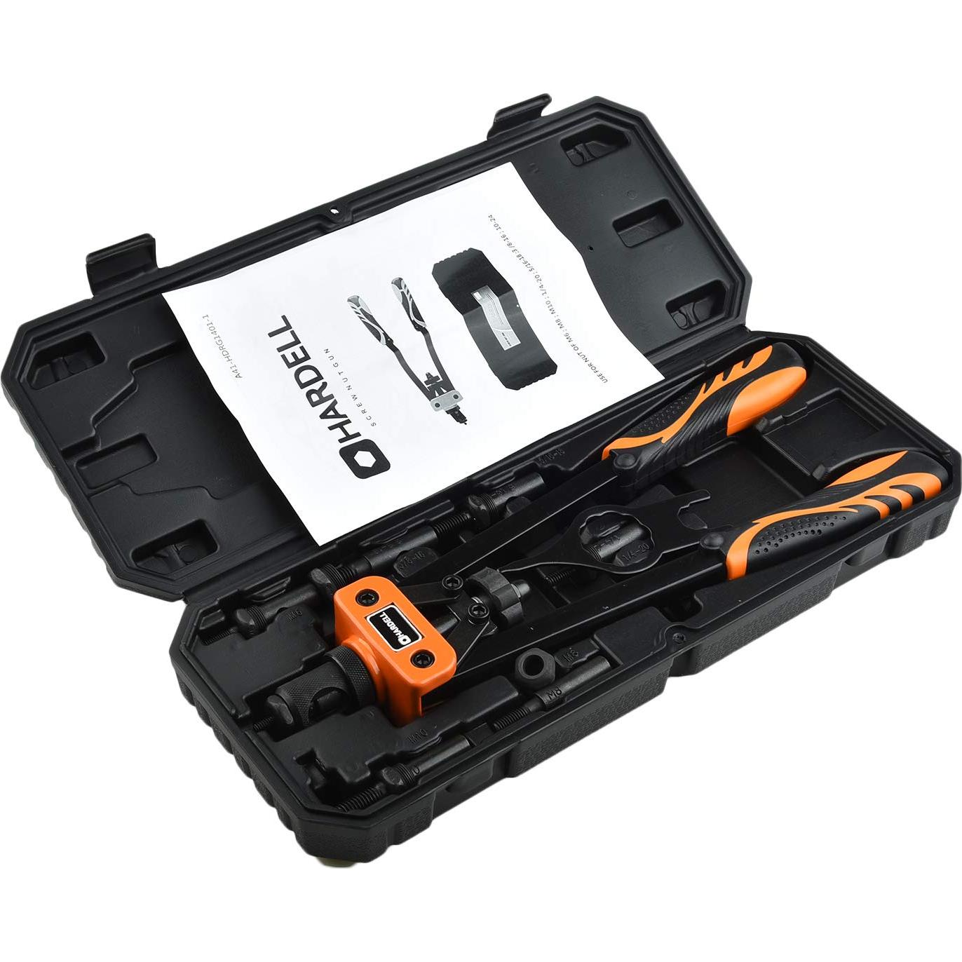 Herramienta de Tuerca Remachada HARDELL 14" con 100 Tuercas y 7 Mandriles