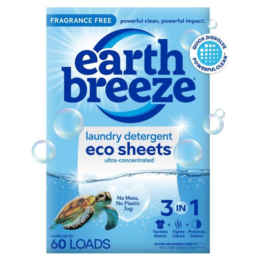 Hojas de detergente para ropa Earth Breeze sin fragancia - 60 cargas