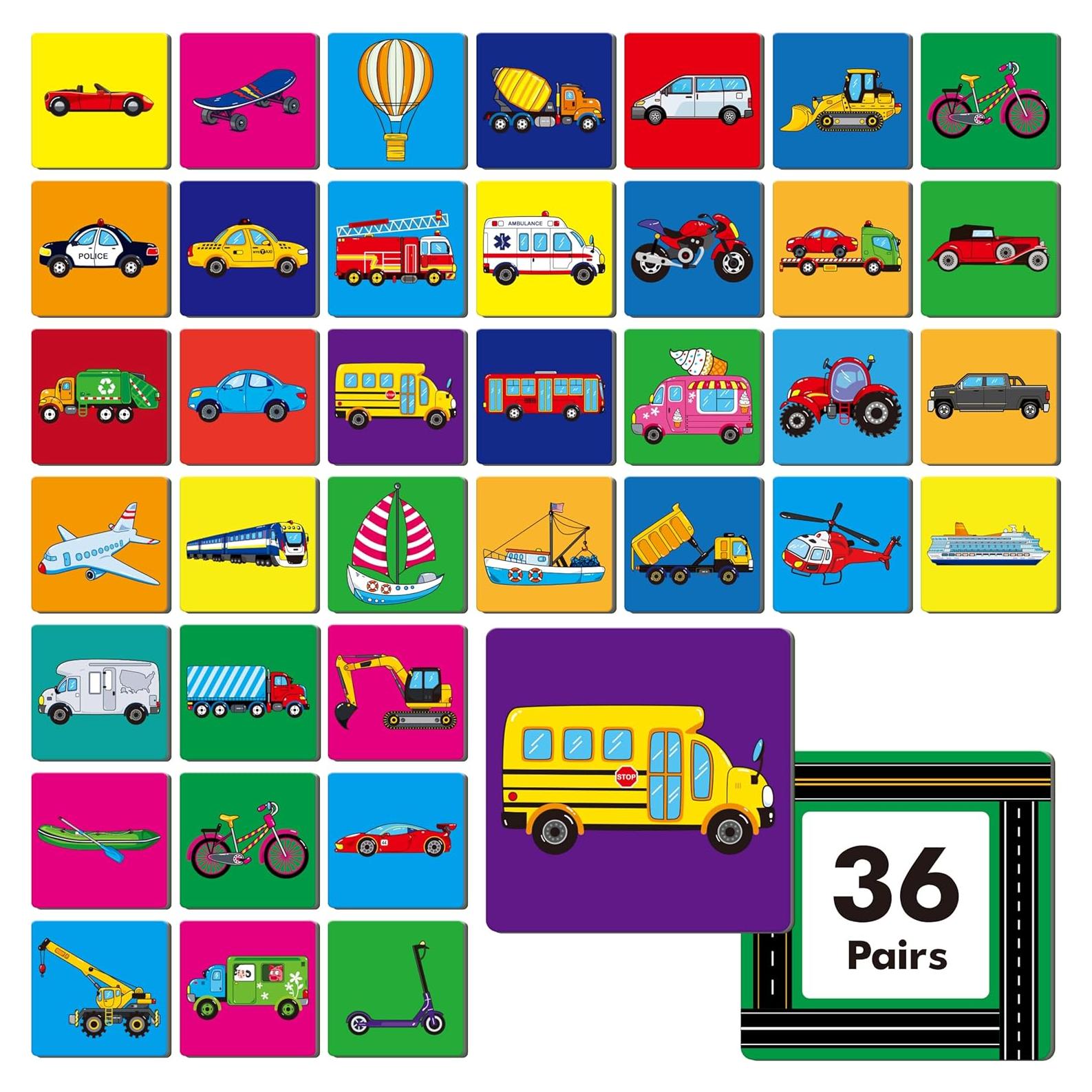 Juego de Memoria Vehículos Hebayy 72 Tarjetas Educativas