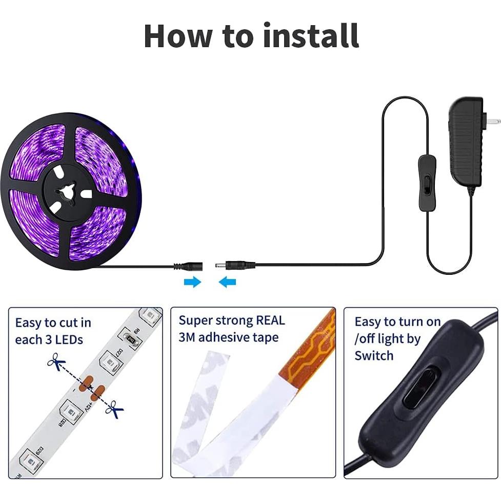 Tira de Luz Negra LED 6M TigQiang 360 LEDs 12V para Fiestas