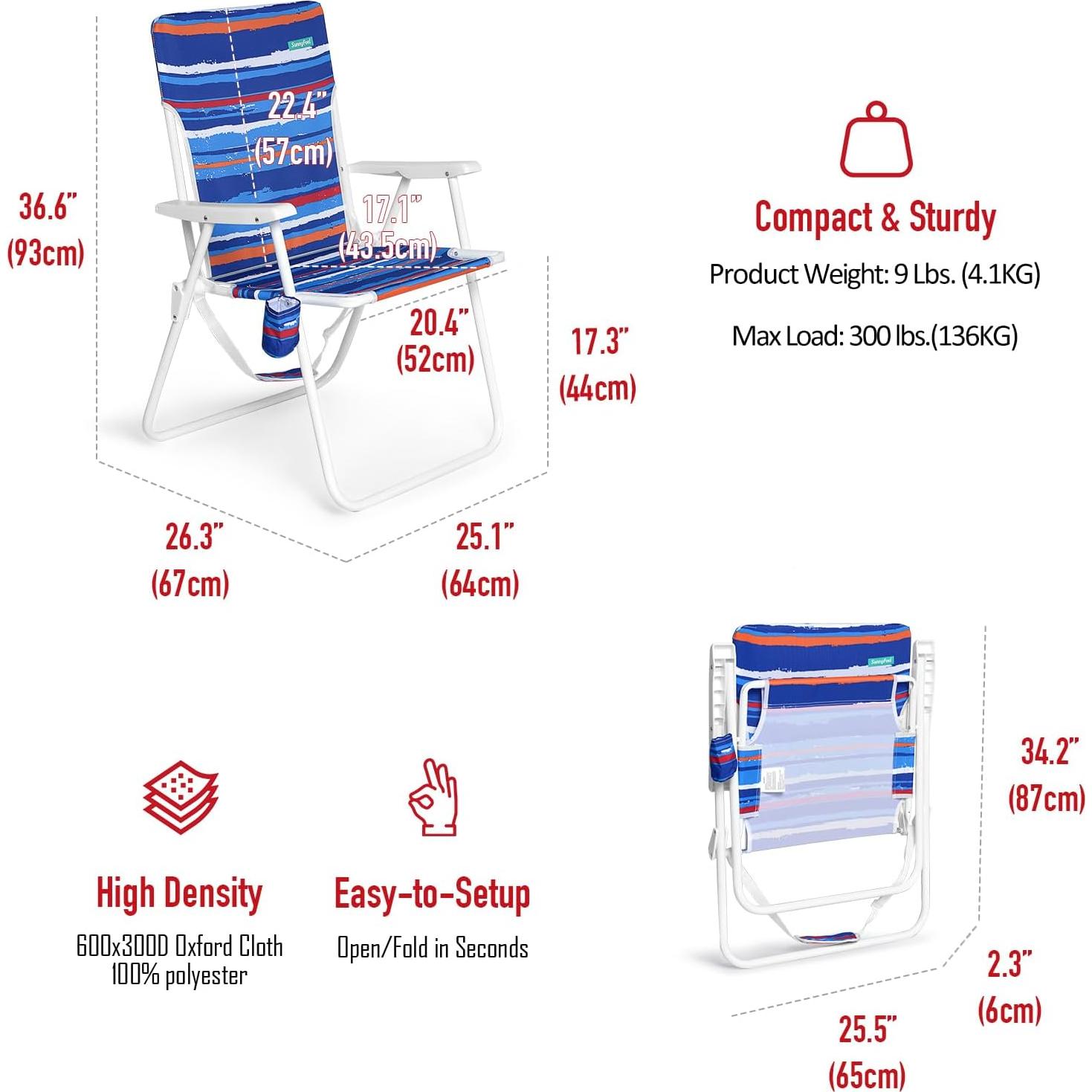 Silla de Playa Plegable SunnyFeel Alta 136 KG Rayas Azules