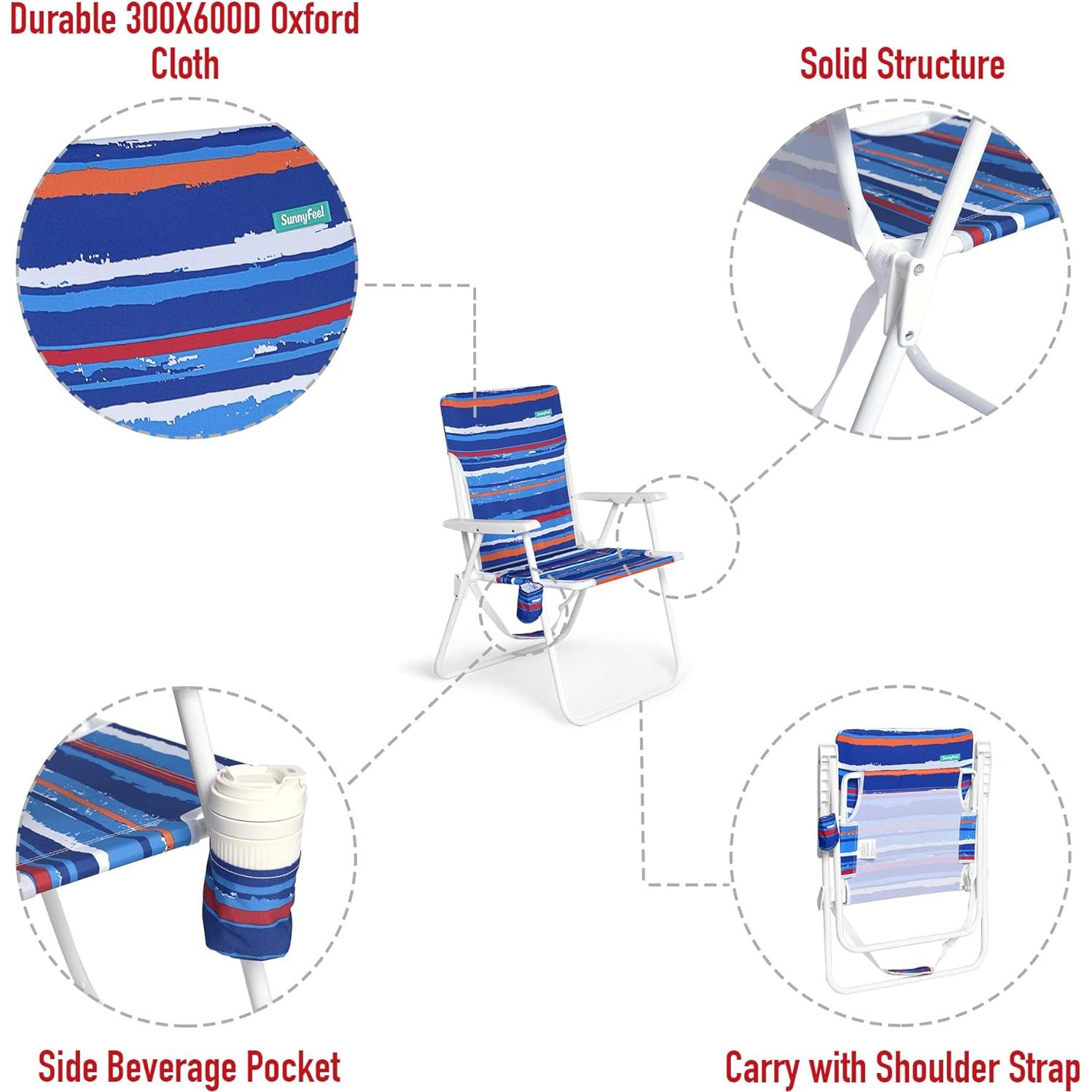 Silla de Playa Plegable SunnyFeel Alta 136 KG Rayas Azules