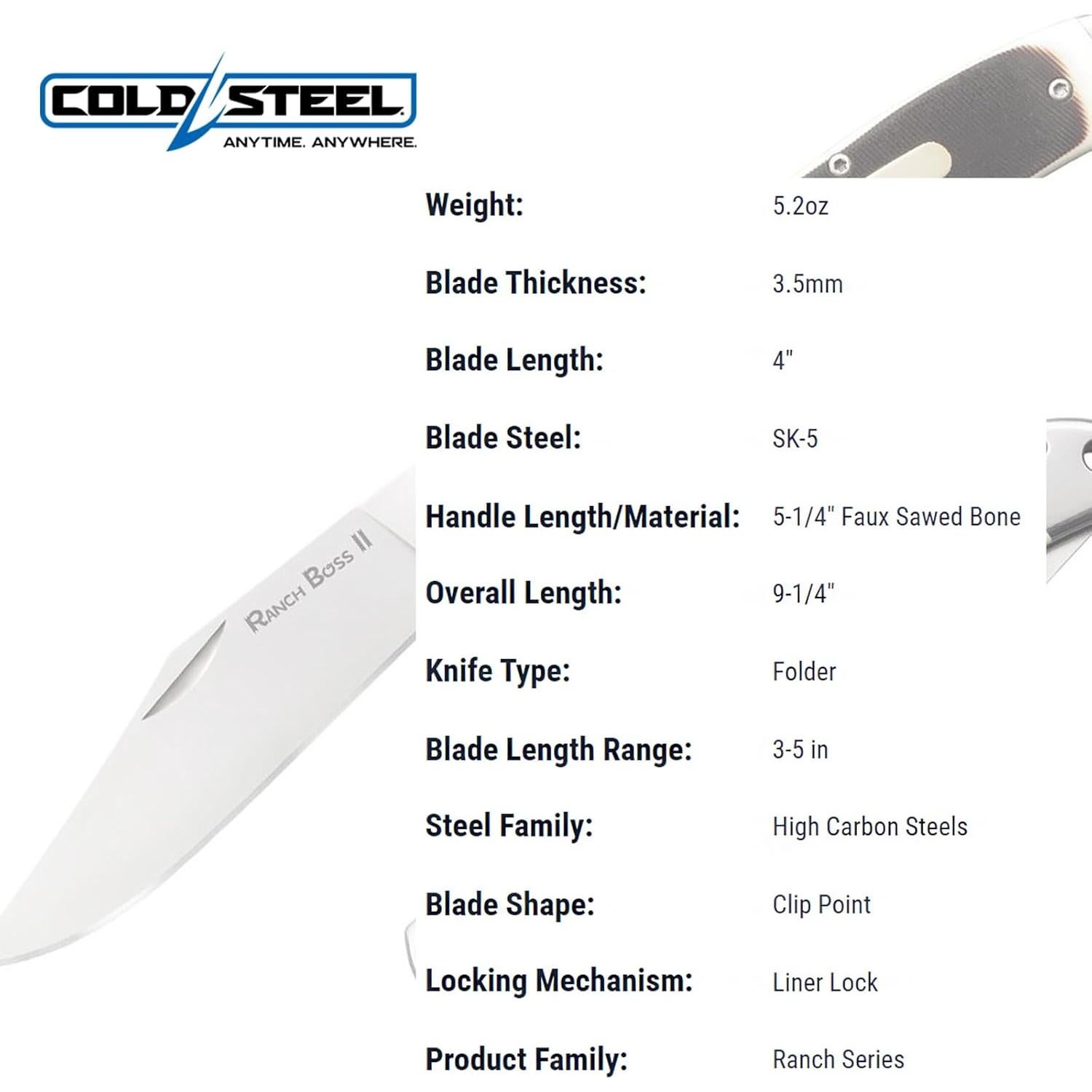 Cuchillo Plegable Cold Steel Ranch Boss II 4" SK-5 Mango Hueso Falso