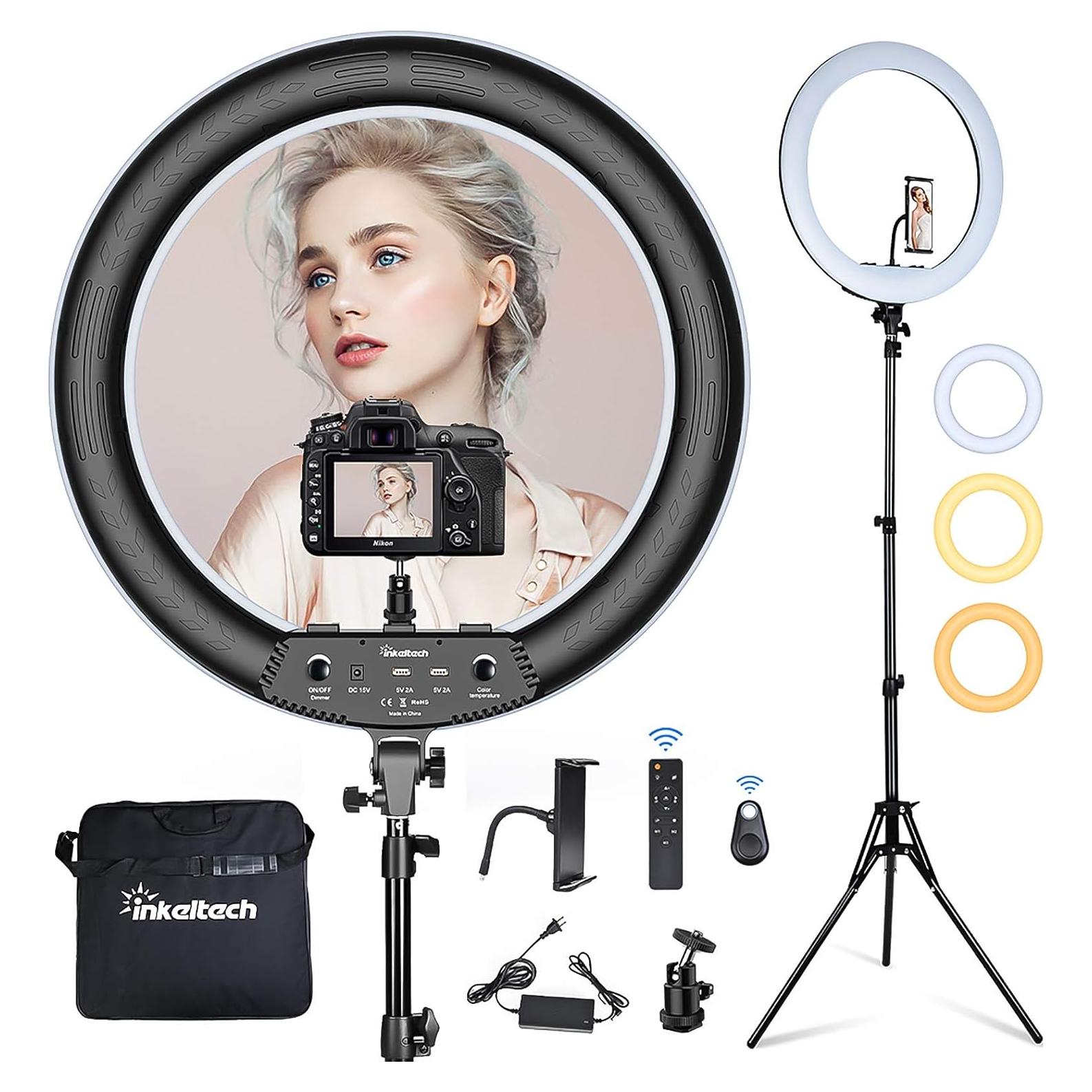 Inkeltech 21inch Ring Light with Tripod and Phone Holder, 3000K-6000K Dimmable Bi-Color LED Light Ring for Makeup, Selfie, Vlog, YouTube Video, Camera - Control with Remote