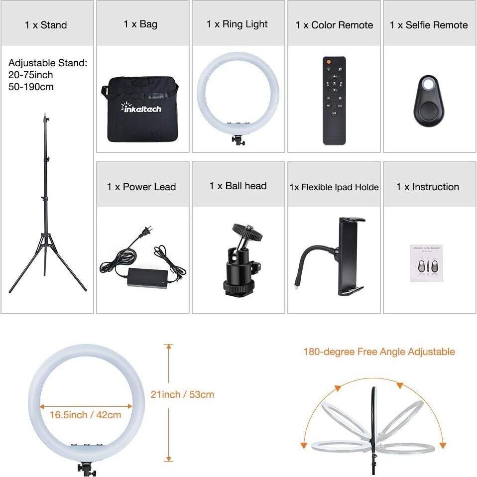 Inkeltech 21inch Ring Light with Tripod and Phone Holder, 3000K-6000K Dimmable Bi-Color LED Light Ring for Makeup, Selfie, Vlog, YouTube Video, Camera - Control with Remote