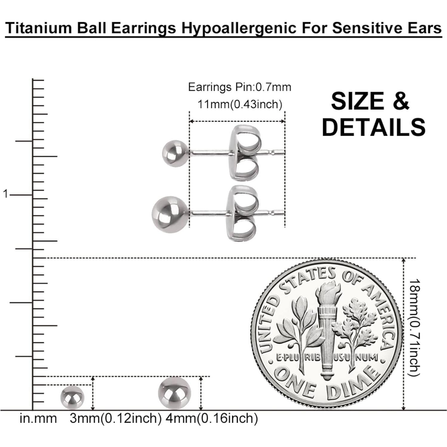 Pendientes de perno de titanio hipoalergénicos 3mm y 4mm