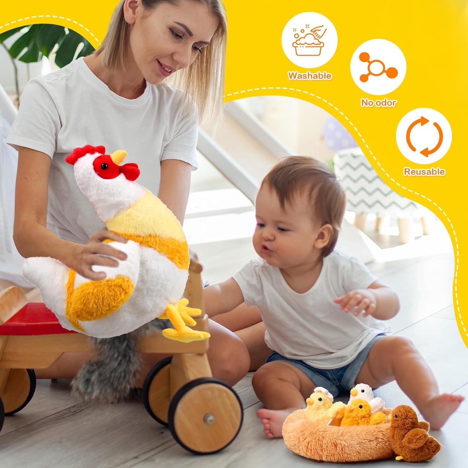 Juguete de peluche gallina Skylety 30 cm con pollitos