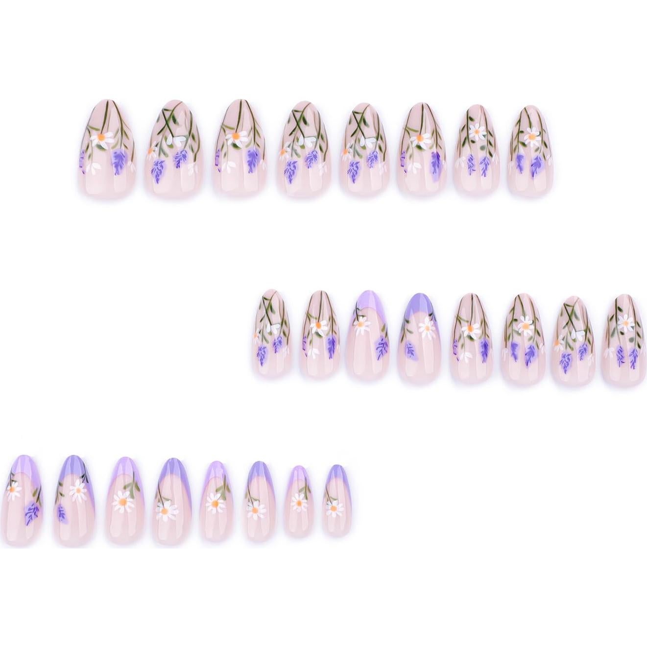 Uñas Postizas de Flor de Almendra Moradas - 24 Piezas