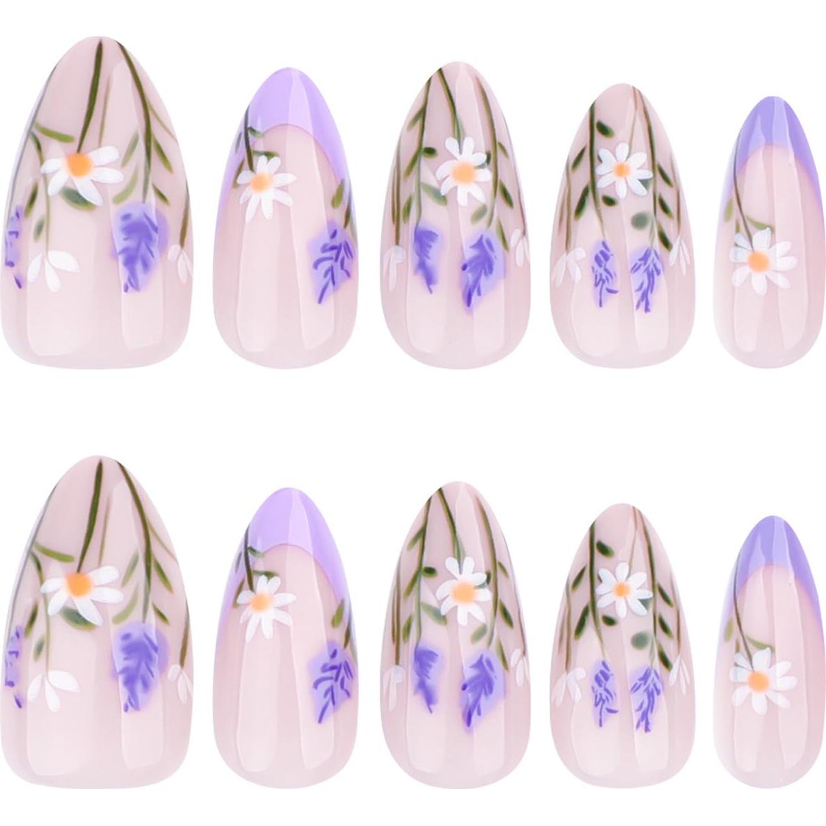 Uñas Postizas de Flor de Almendra Moradas - 24 Piezas