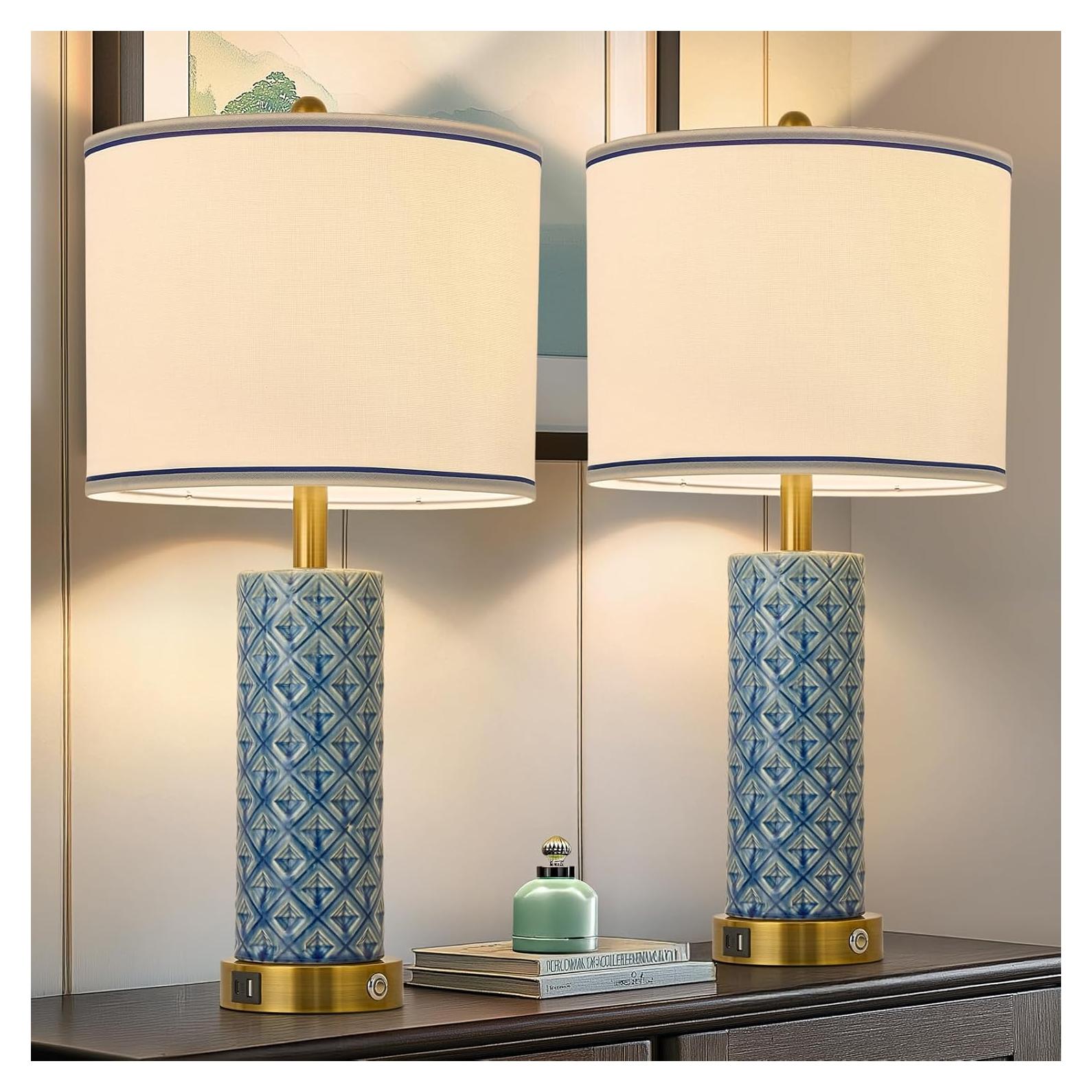 Juego de 2 Lámparas de Mesa Bdayanx Cerámica Azul Aqua 66 cm