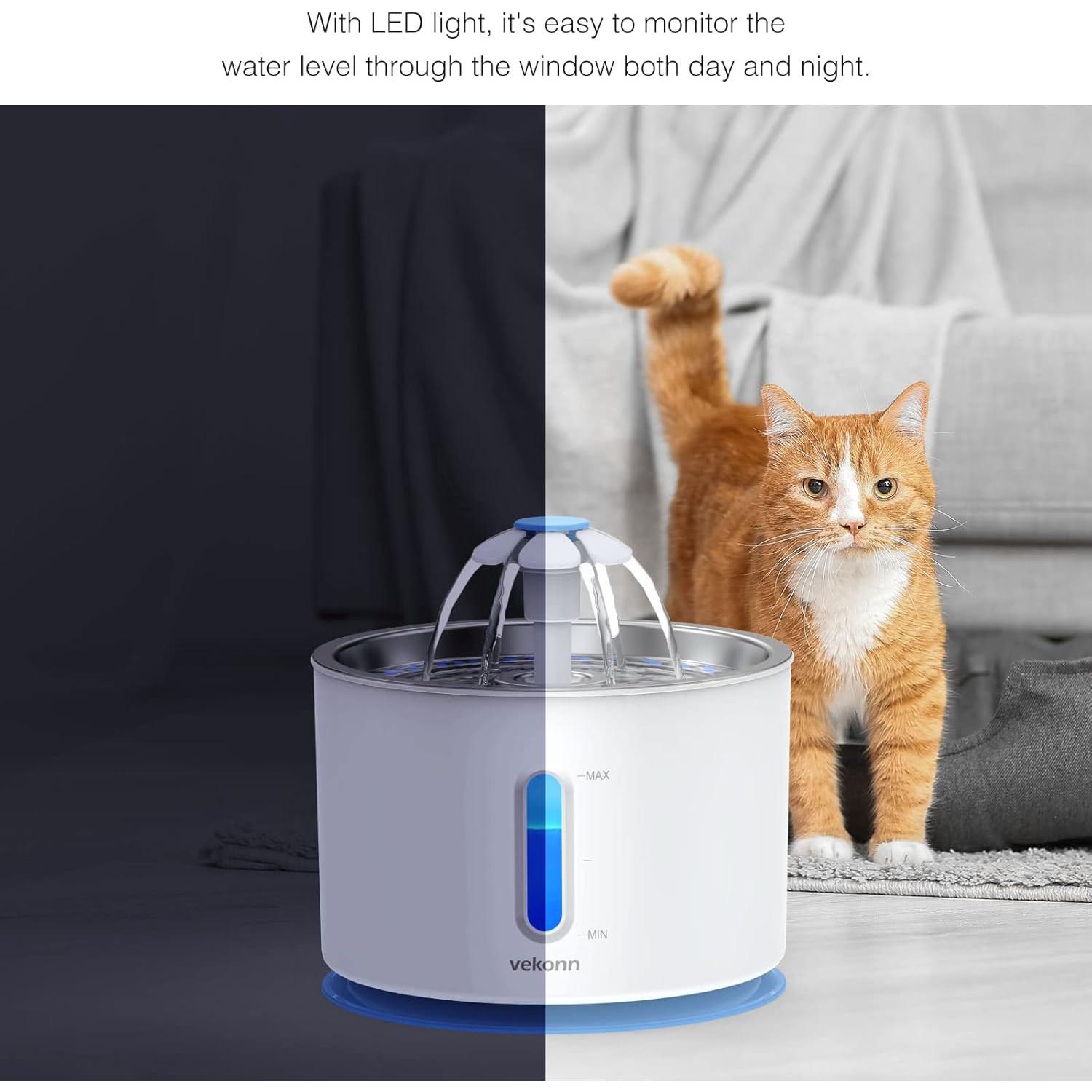 Fuente de Agua para Gatos y Perros Vekonn 2.4L Acero Inoxidable LED