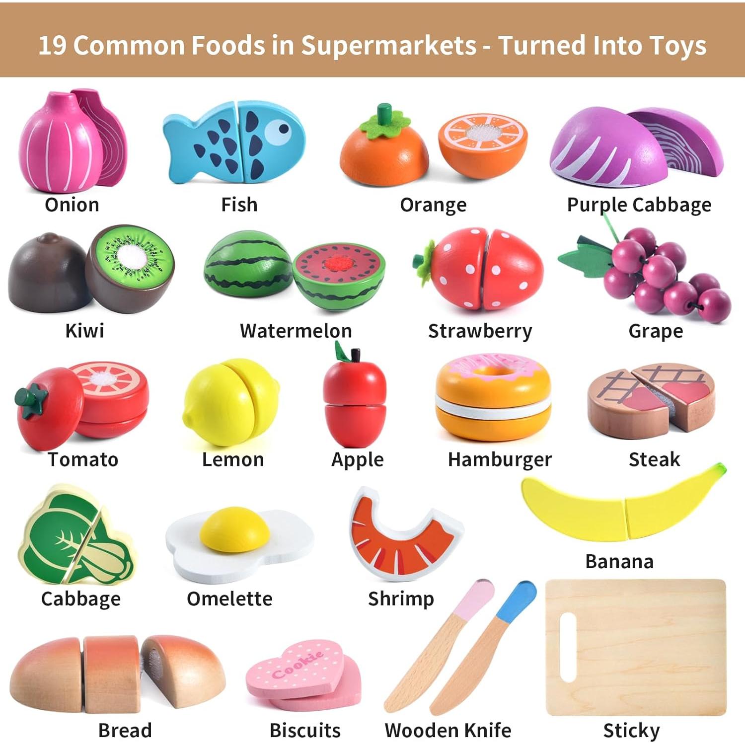 WHOHOLL Juguete de Comida de Madera 19 Piezas para Niños