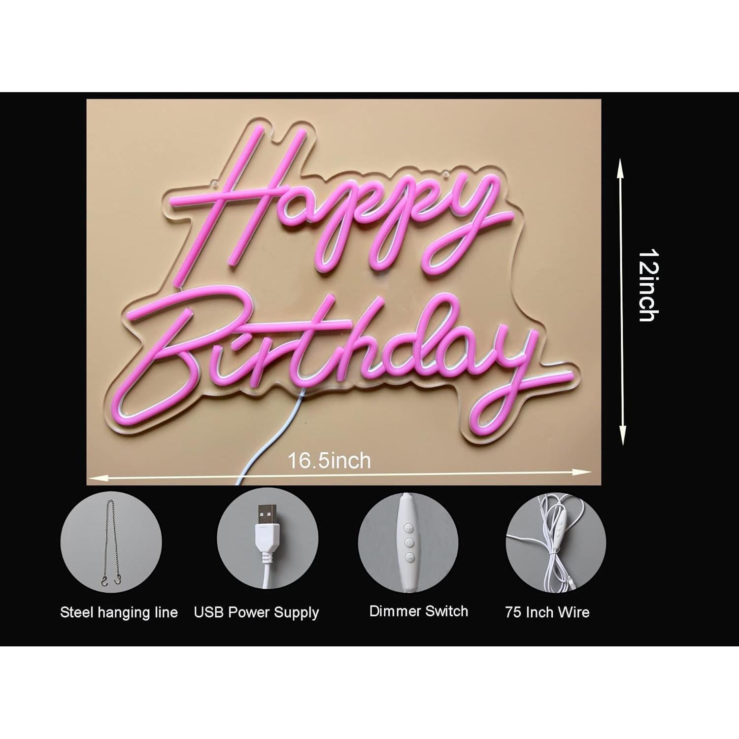 Luz de Noche Neón Feliz Cumpleaños DAKABUKA Rosa 42x31cm USB