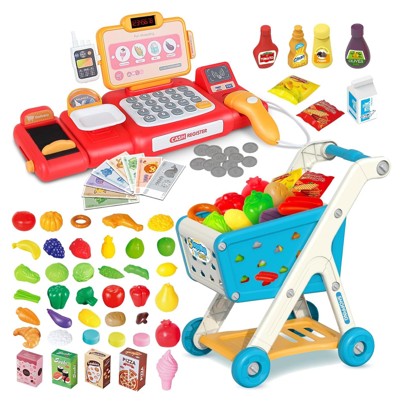 Carrito de Compras Yalujumb con Registradora y Comida 80 PCS