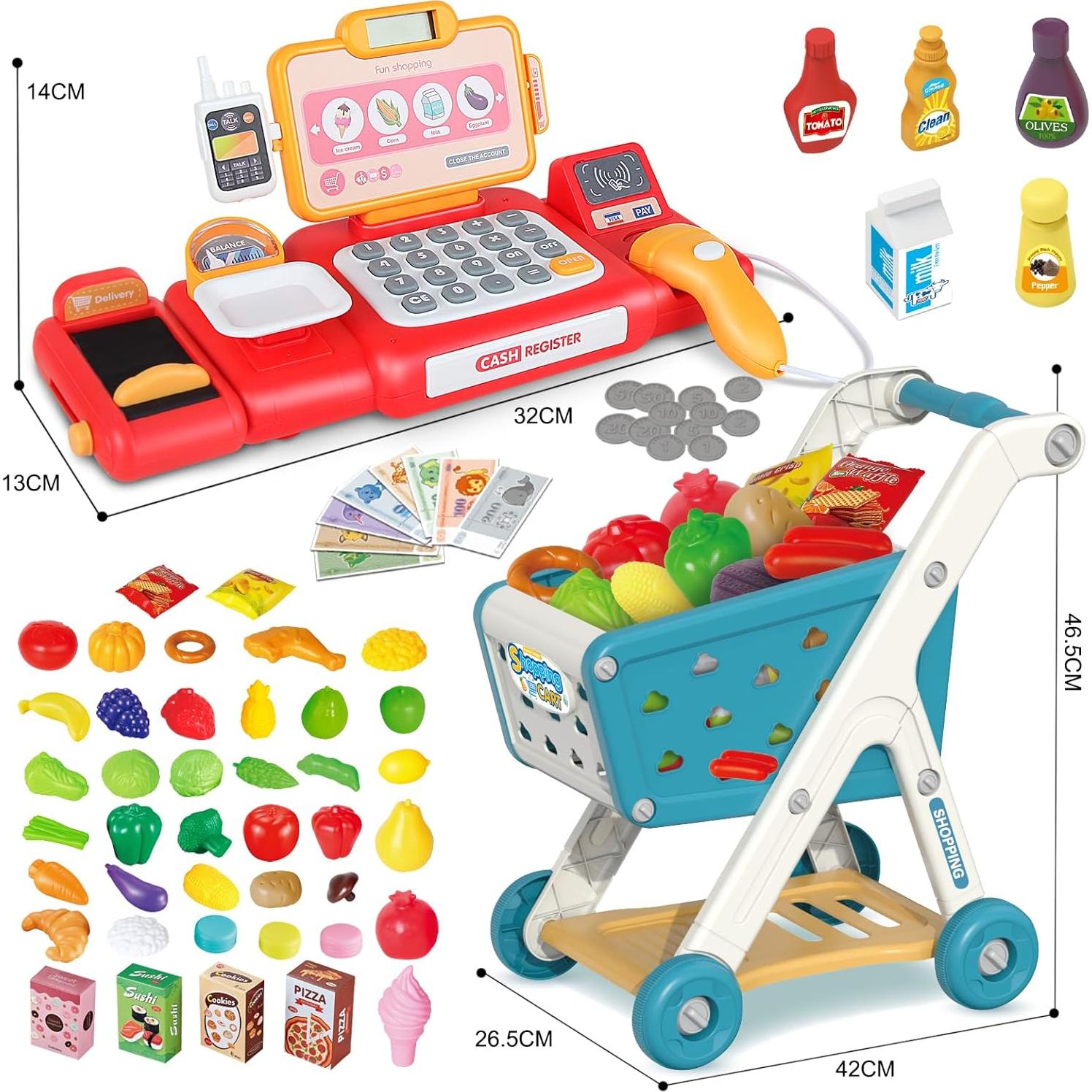 Carrito de Compras Yalujumb con Registradora y Comida 80 PCS