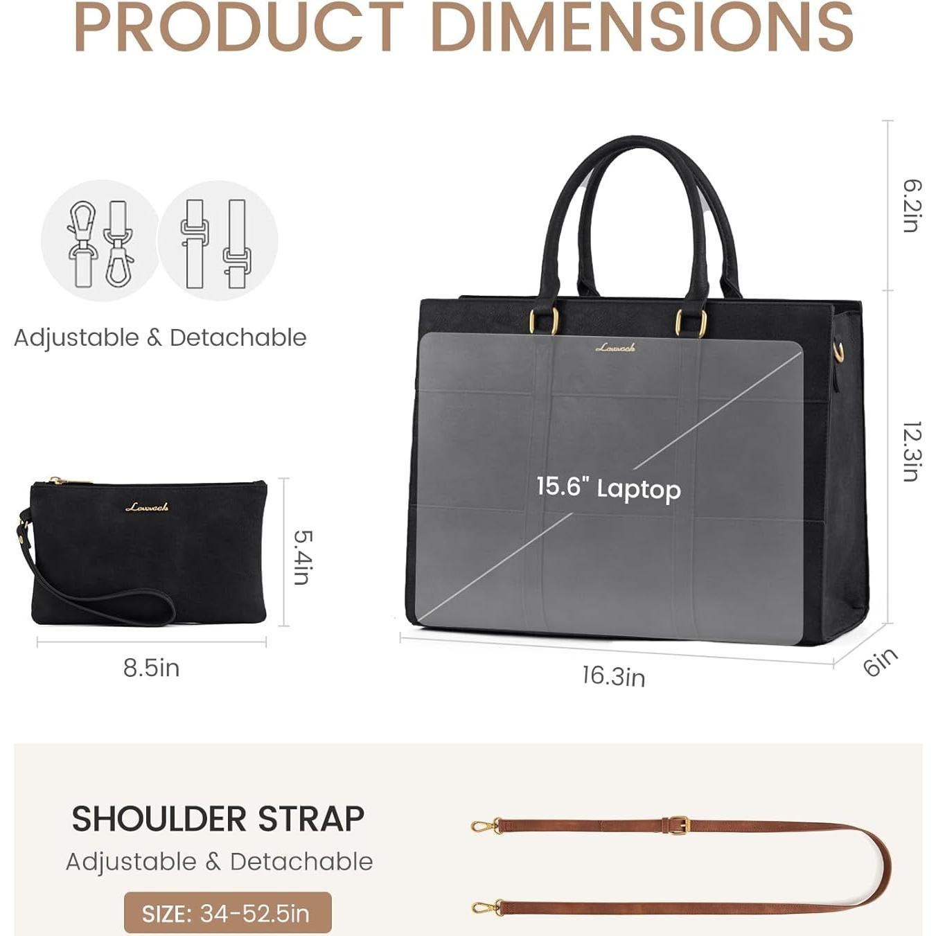 Bolsa Tote para Portátil LOVEVOOK 15.6" Cuero Negro Profesional