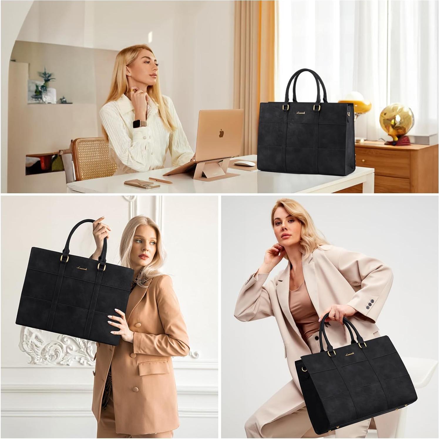 Bolsa Tote para Portátil LOVEVOOK 15.6" Cuero Negro Profesional