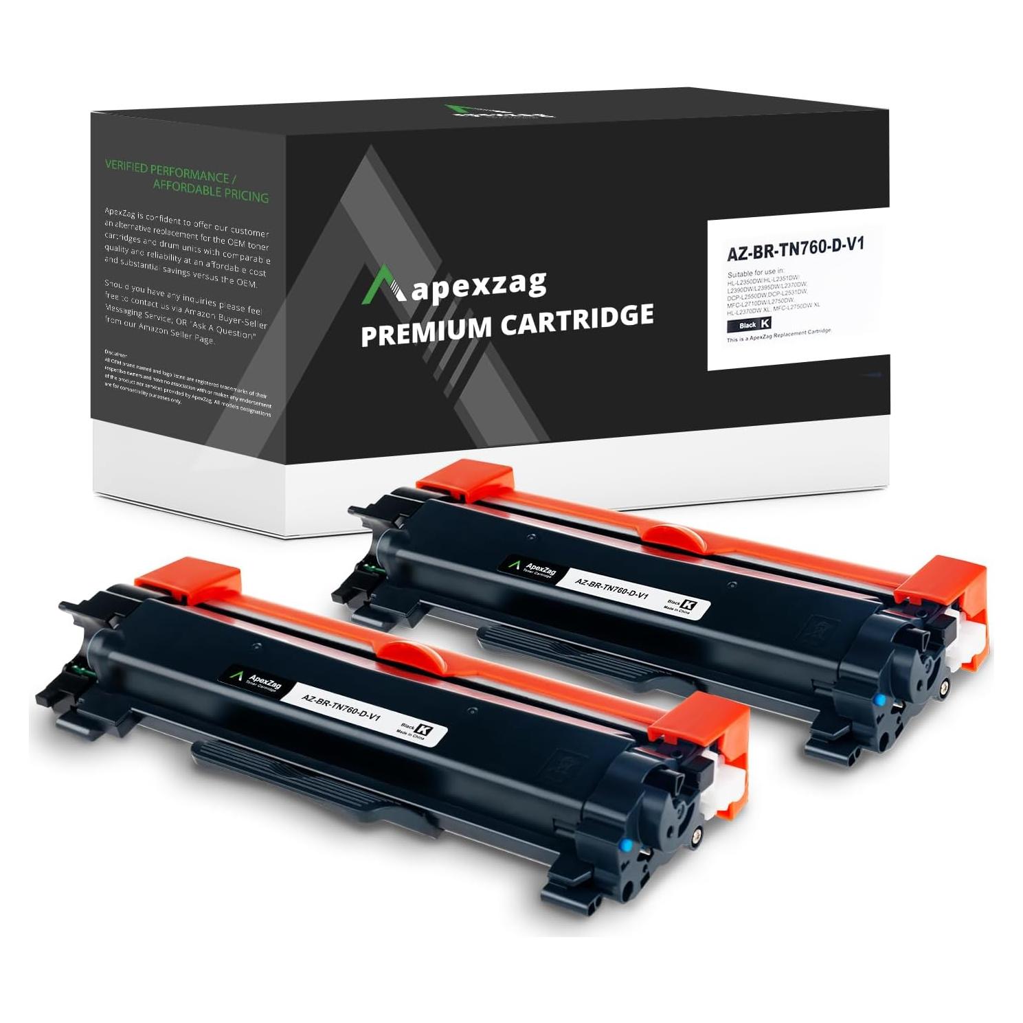 Tóner ApexZag TN760 para impresora Brother - 2 Paquete, 3000 Páginas