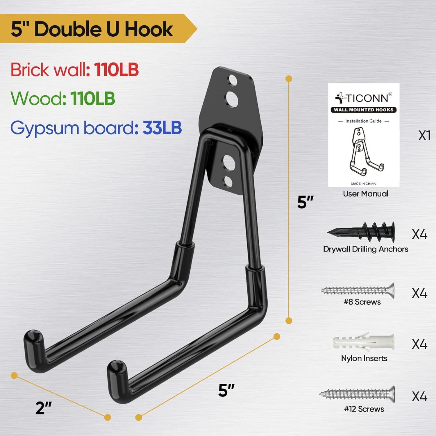Ganchos de Garaje TICONN 2PCS Alta Resistencia 70kg Negro