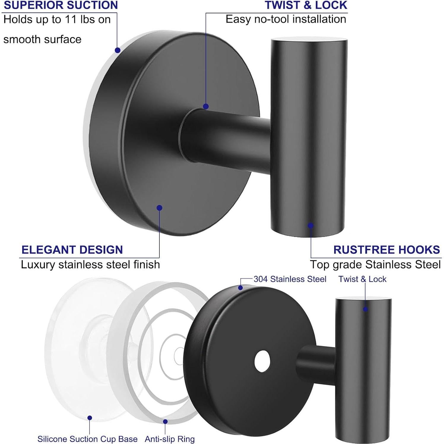 Ganchos de Ventosa Efanr para Ducha y Baño - Acero Inoxidable Negro