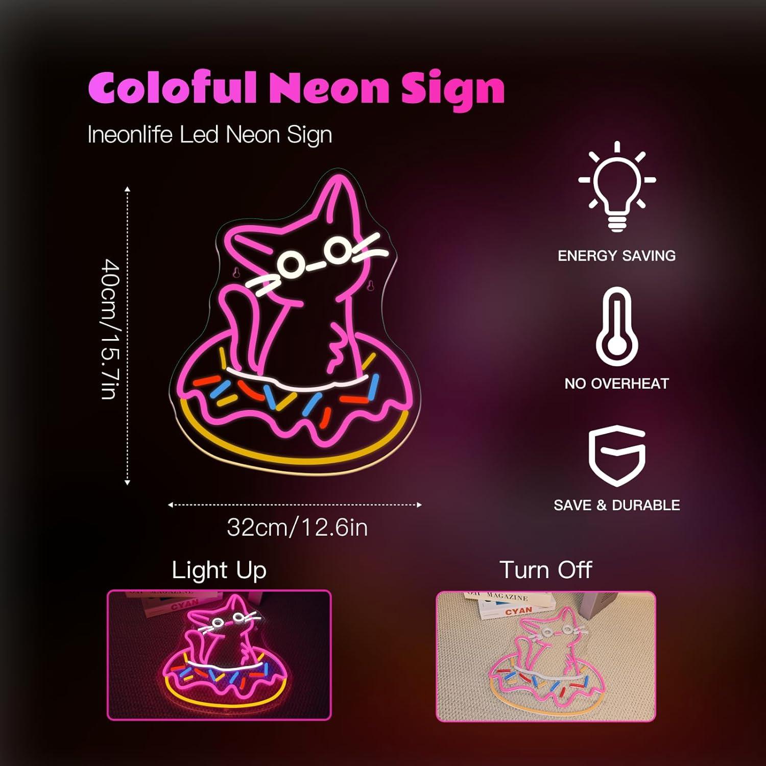 Letrero de Neón LED Ineonlife Gato Donut 32x40cm Regulable