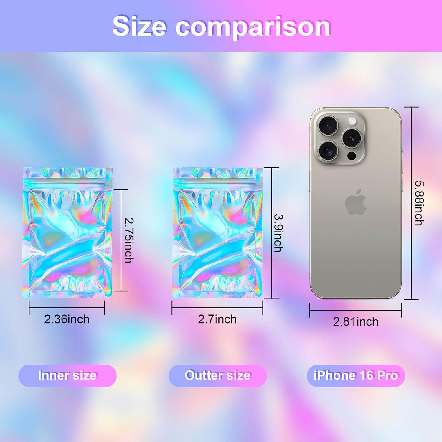 100 Bolsas Reutilizables Mylar Holográficas 6.86x10.16 cm