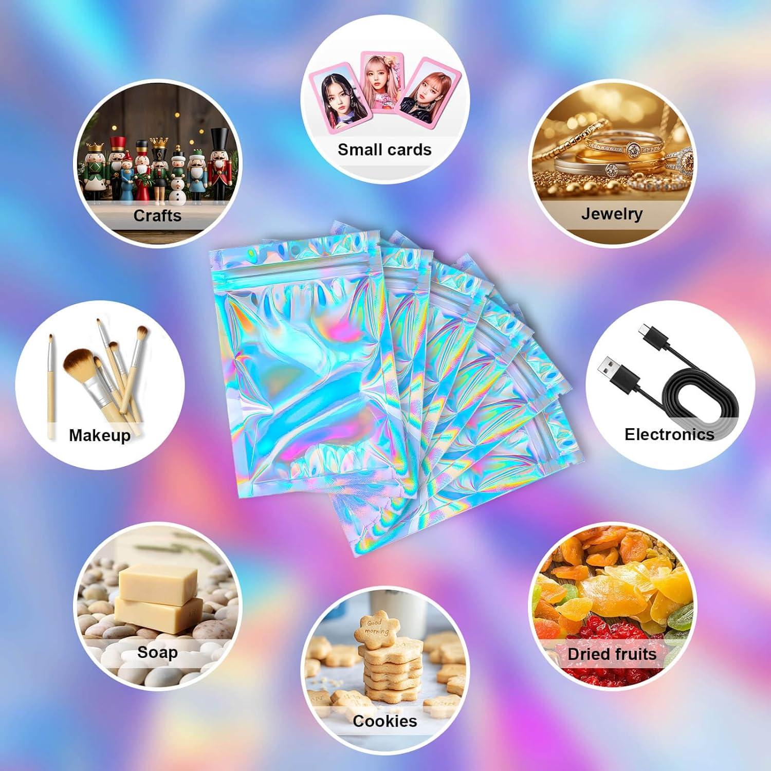 100 Bolsas Reutilizables Mylar Holográficas 6.86x10.16 cm