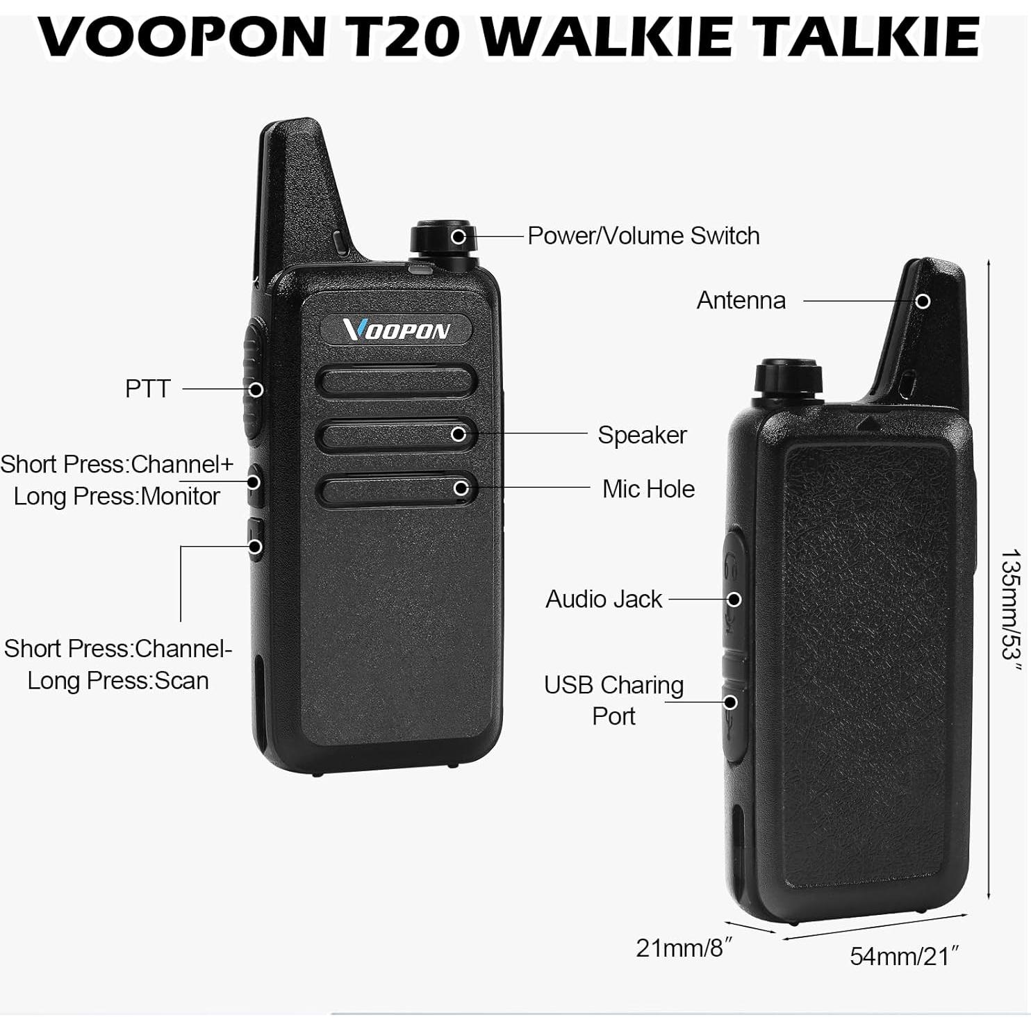 Walkie Talkies Voopon T20 Recargables 22 Canales 3km Alcance