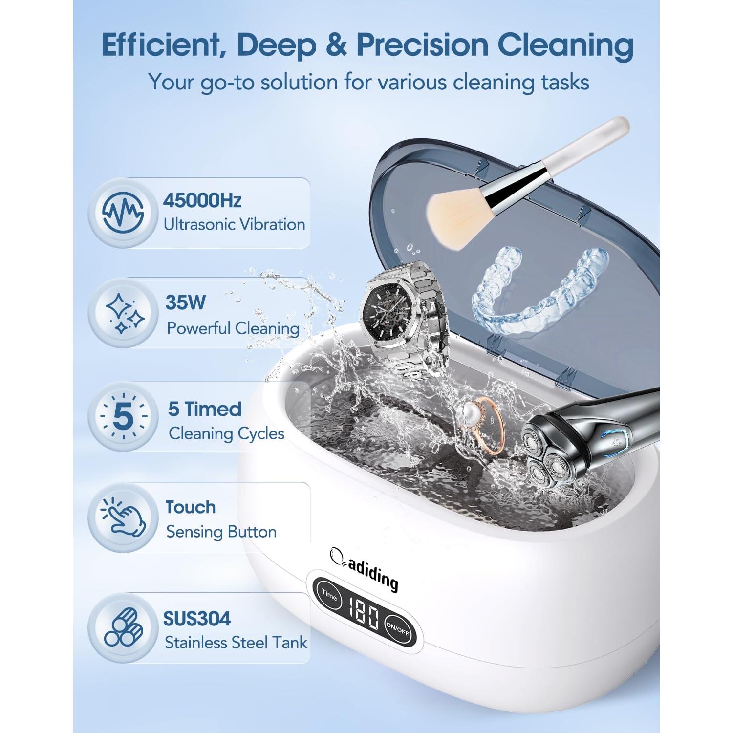 Limpiador Ultrasónico de Joyería Adiding 650mL 5 Modos Azul