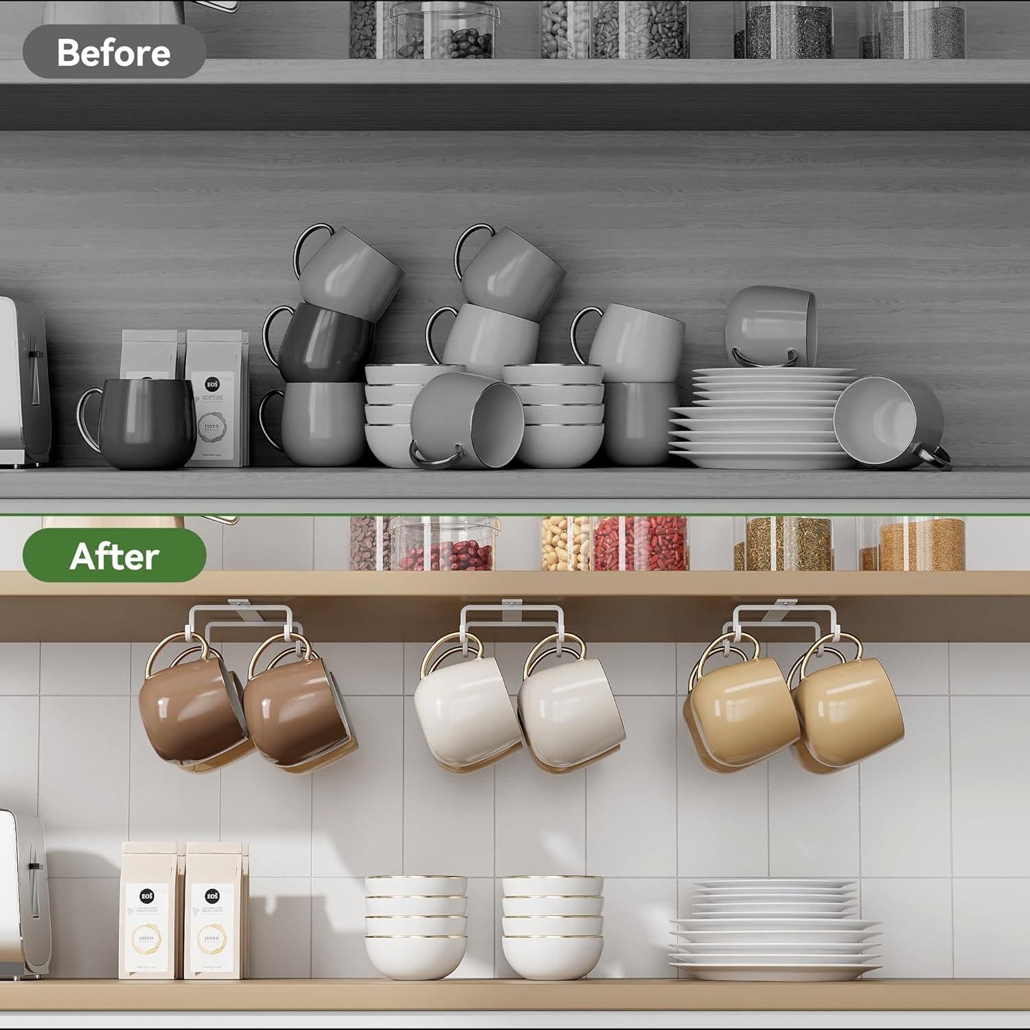 Ganchos para Tazas ECROCY Bajo Gabinete 12 Ganchos Metal Blanco